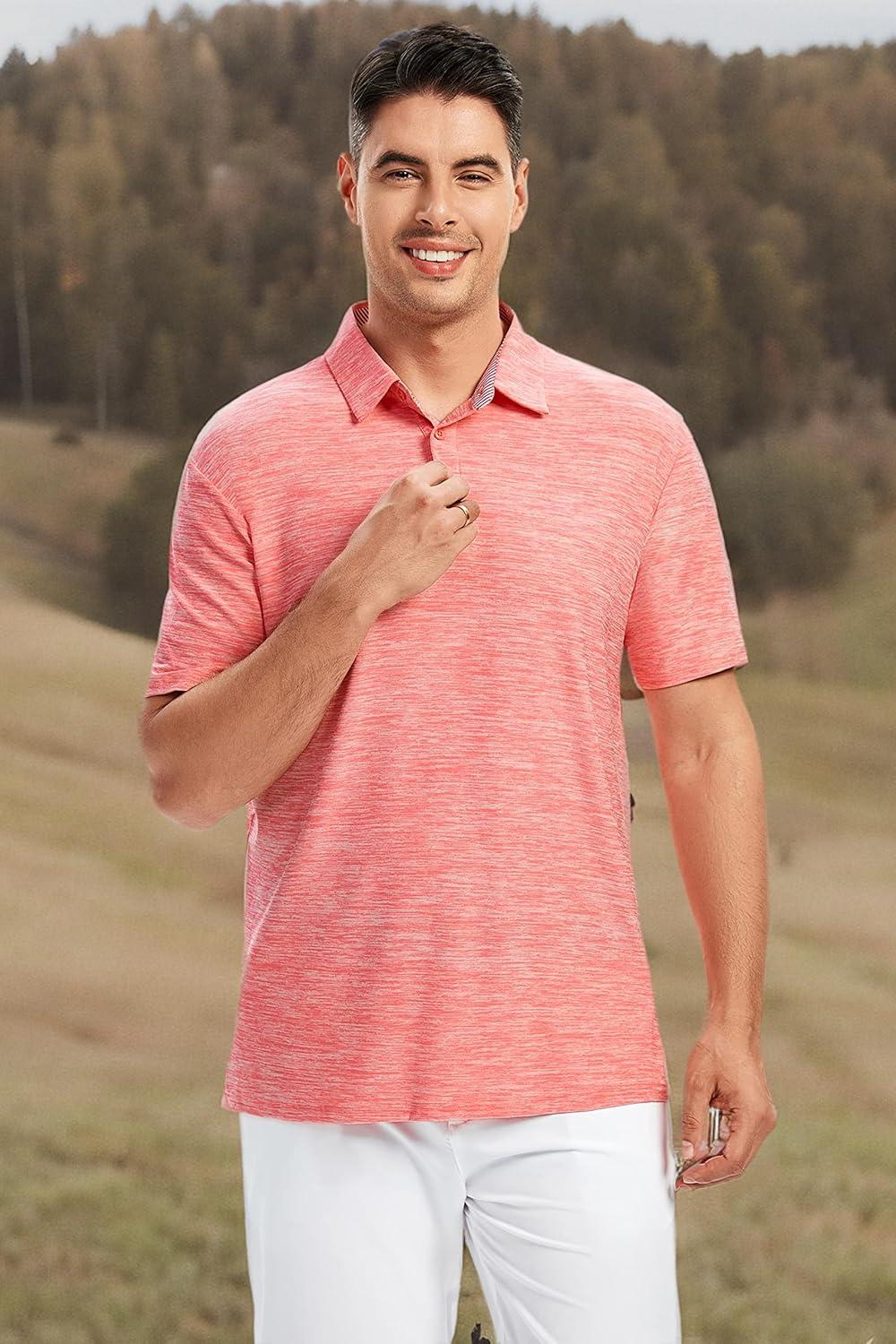 imageSAMERM Golf Shirts for Men Dry Fit Short Sleeve Mens Golf Shirt Performance Moisture Wicking Polo Shirts for MenPink Solid Polo Shirt