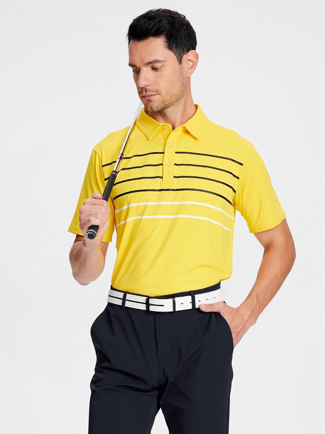 imageSAMERM Golf Shirts for Men Dry Fit Short Sleeve Mens Golf Shirt Striped Performance Moisture Wicking Polo Shirts for MenYellow L