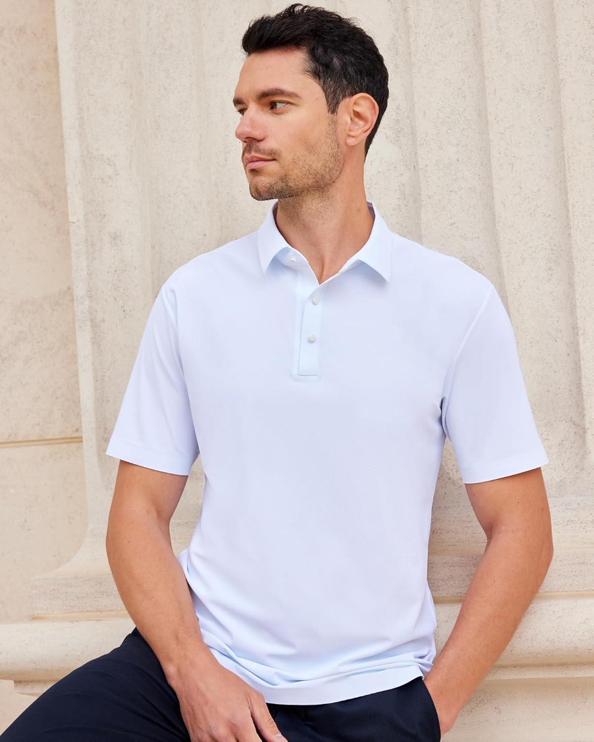 imageSAMERM Golf Shirts for Men HighElastic Dry Fit Short Sleeve Seamless Moisture Wicking Cooling Feel Solid Mens Polo ShirtWhite XL