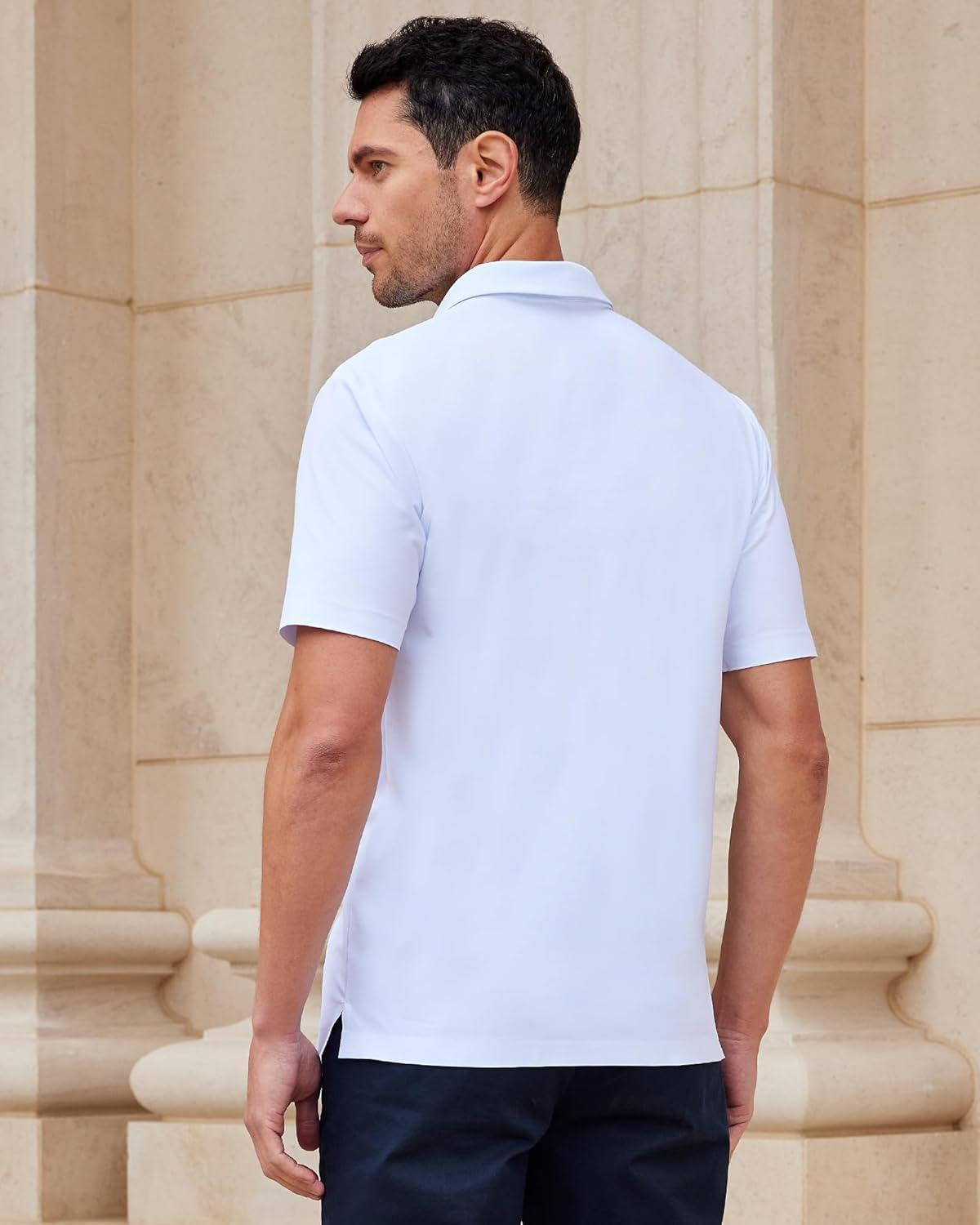 imageSAMERM Golf Shirts for Men HighElastic Dry Fit Short Sleeve Seamless Moisture Wicking Cooling Feel Solid Mens Polo ShirtWhite XL
