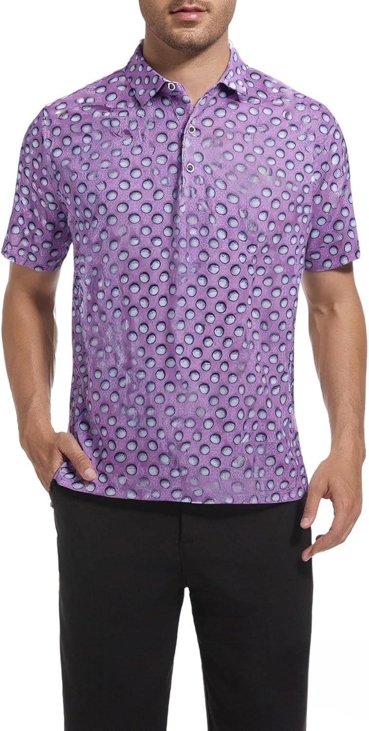 imageSAMERM Golf Shirts for Men Super Stretch Jacquard Dry Fit Golf Polo Moisture Wicking Short Sleeve Polo Shirts for MenLilac Golf Shirt