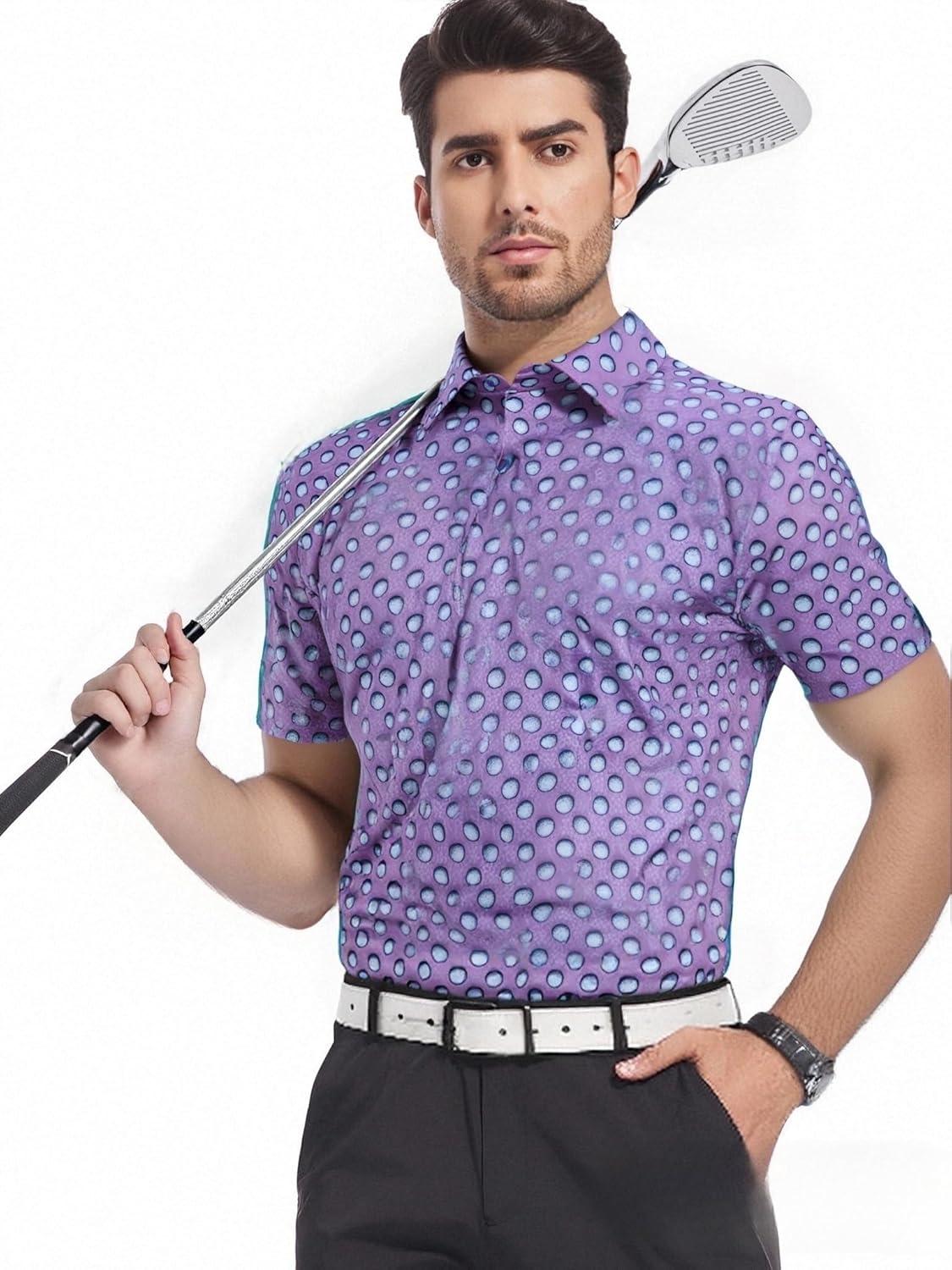 imageSAMERM Golf Shirts for Men Super Stretch Jacquard Dry Fit Golf Polo Moisture Wicking Short Sleeve Polo Shirts for MenLilac Golf Shirt