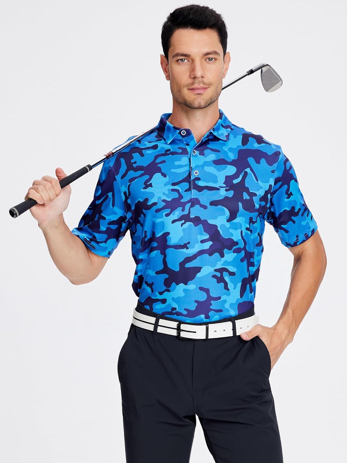 imageSAMERM Golf Shirts for Men Super Stretch Jacquard Dry Fit Golf Polo Moisture Wicking Short Sleeve Polo Shirts for MenNavy Camouflage Polo