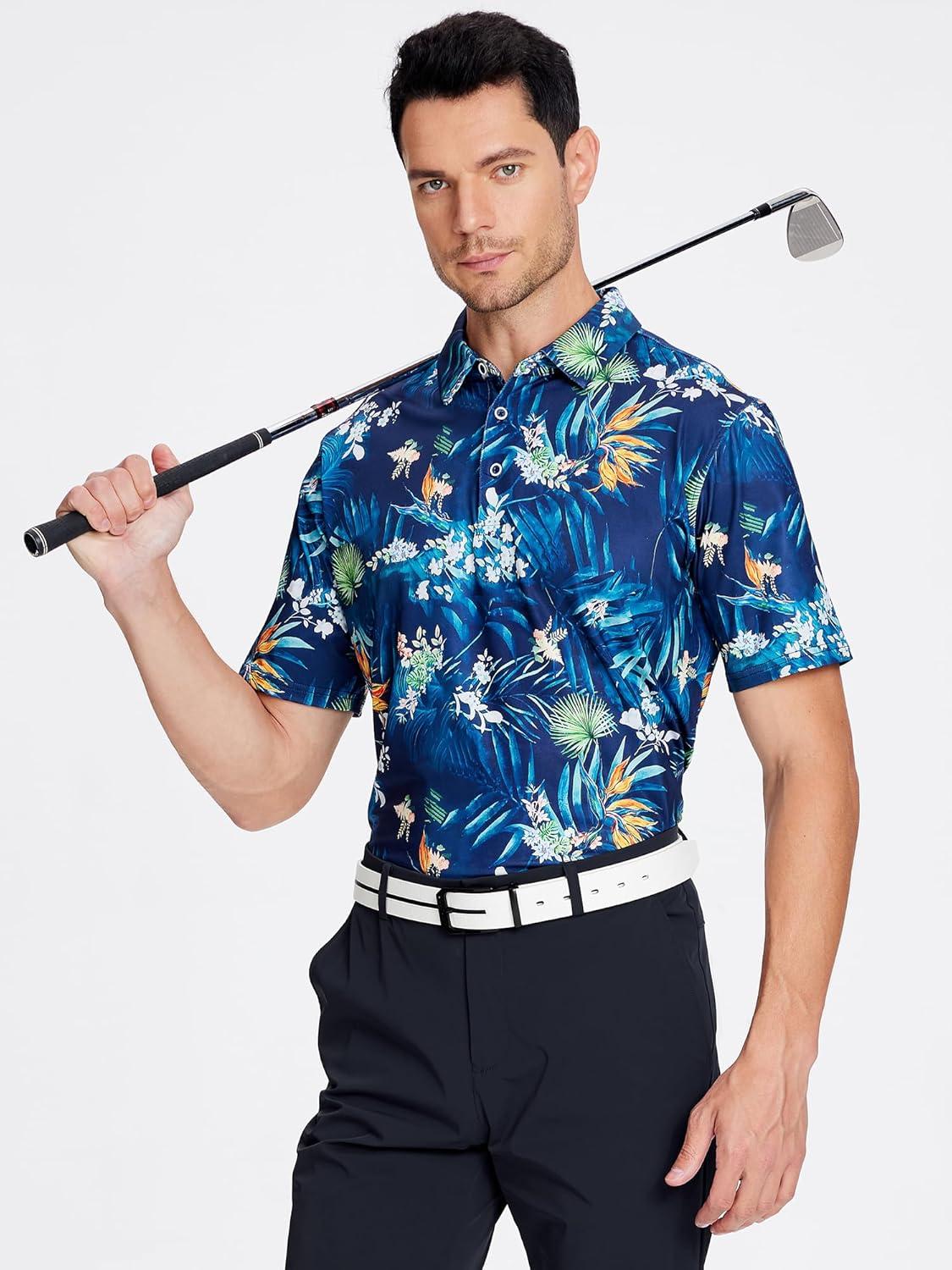 imageSAMERM Golf Shirts for Men Super Stretch Jacquard Dry Fit Golf Polo Moisture Wicking Short Sleeve Polo Shirts for MenNavy Palm Polo