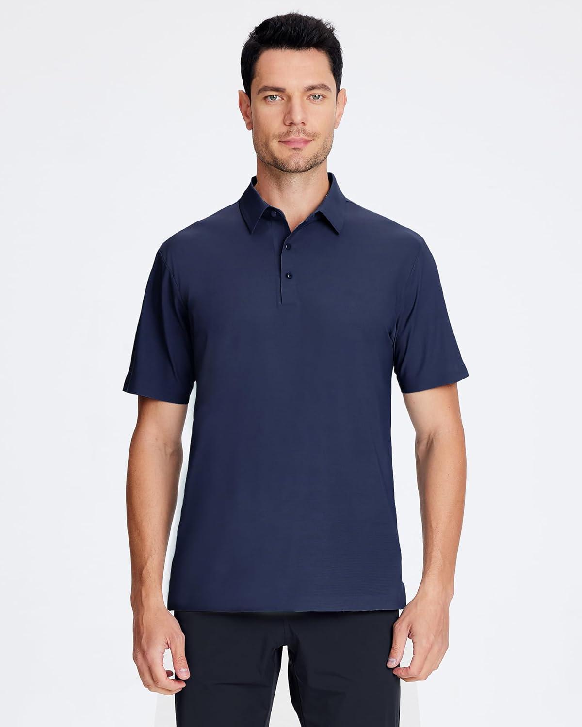 imageSAMERM Golf Shirts for Men Super Stretch Jacquard Dry Fit Golf Polo Moisture Wicking Short Sleeve Polo Shirts for MenNavy Seamless Polo