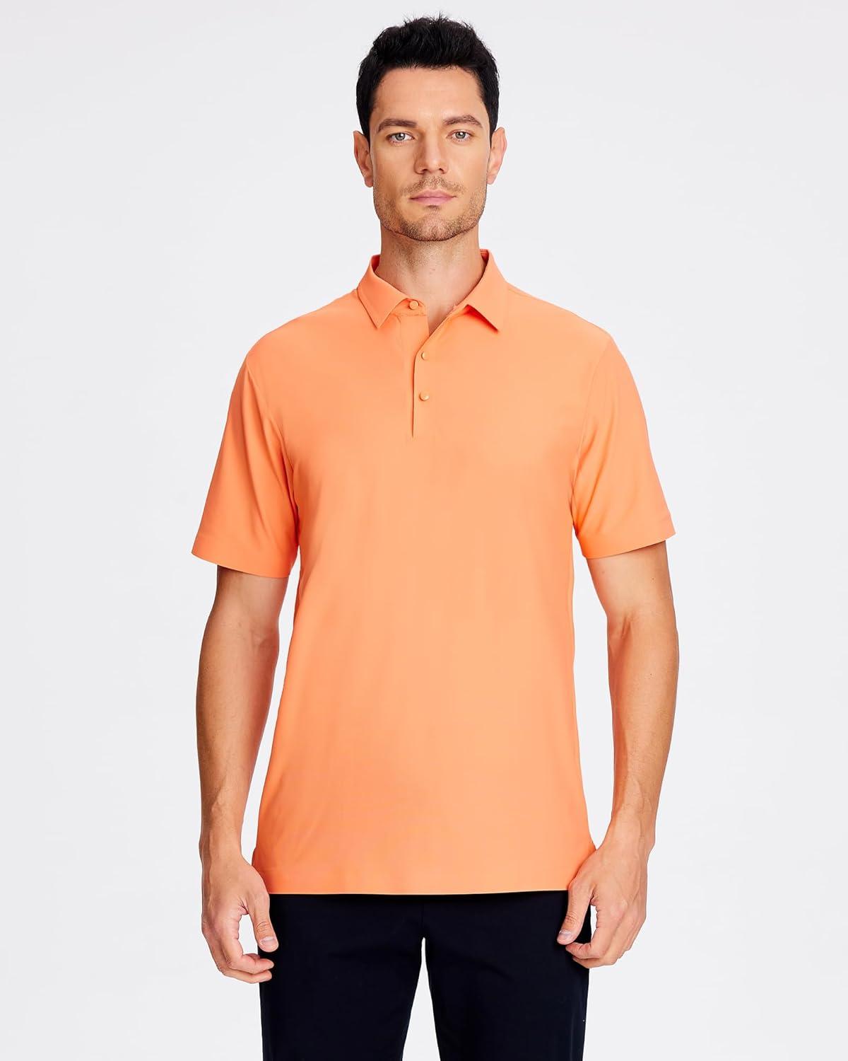 imageSAMERM Golf Shirts for Men Super Stretch Jacquard Dry Fit Golf Polo Moisture Wicking Short Sleeve Polo Shirts for MenOrange Seamless Polo