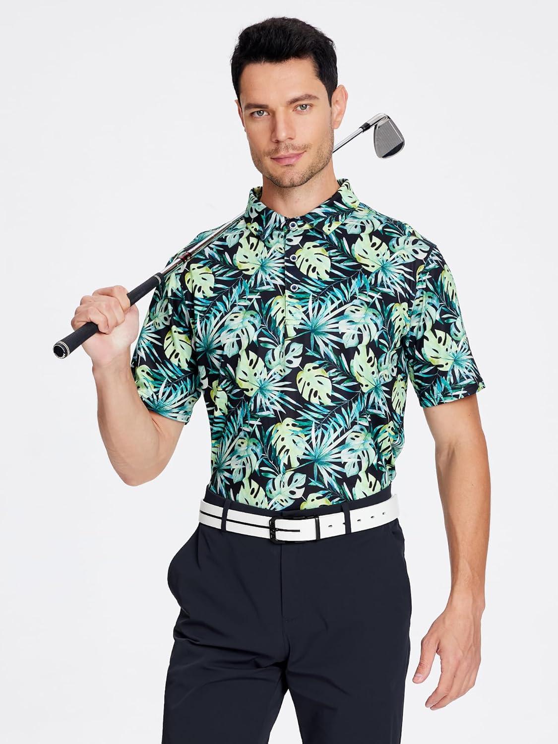 imageSAMERM Golf Shirts for Men Super Stretch Jacquard Dry Fit Golf Polo Moisture Wicking Short Sleeve Polo Shirts for MenPalm Black Polo
