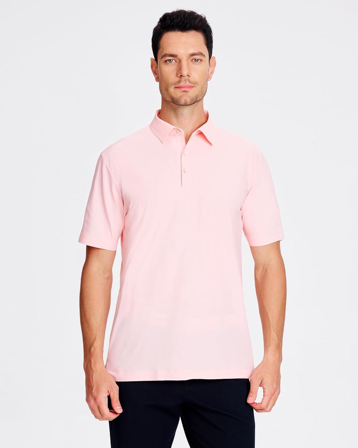 imageSAMERM Golf Shirts for Men Super Stretch Jacquard Dry Fit Golf Polo Moisture Wicking Short Sleeve Polo Shirts for MenPink Seamless Polo