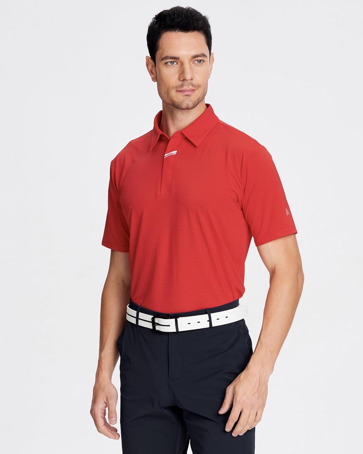 imageSAMERM Golf Shirts for Men Super Stretch Jacquard Dry Fit Golf Polo Moisture Wicking Short Sleeve Polo Shirts for MenRed Jacquard Golf Polo