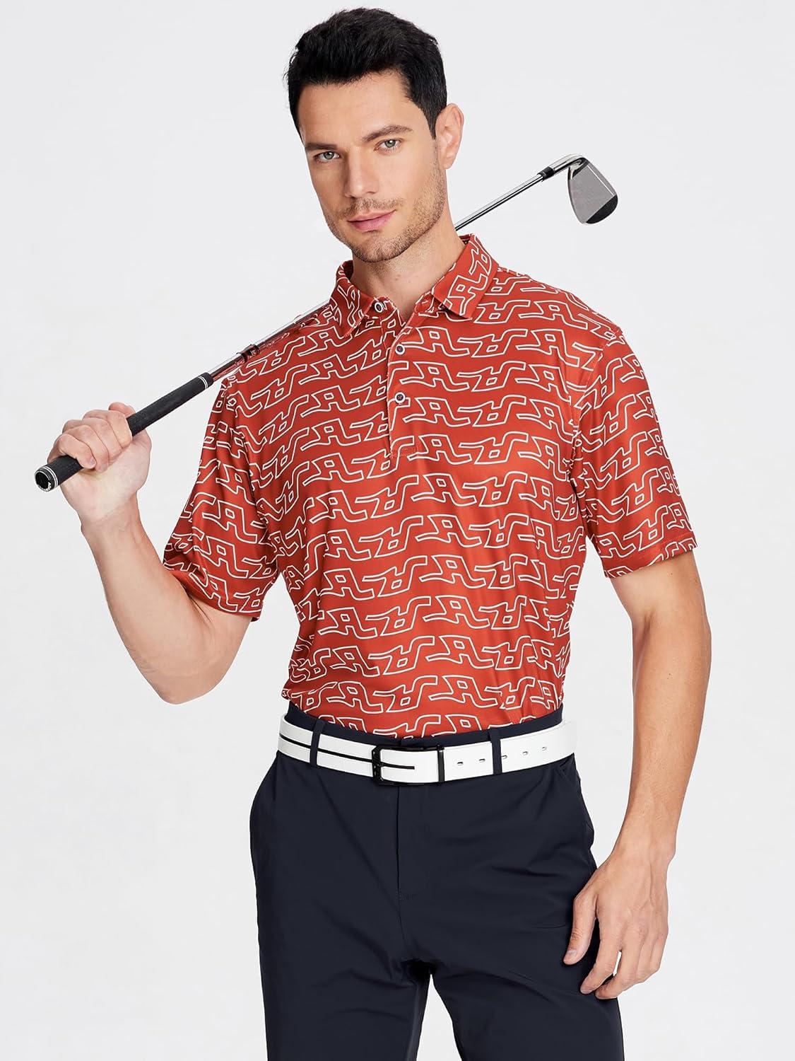 imageSAMERM Golf Shirts for Men Super Stretch Jacquard Dry Fit Golf Polo Moisture Wicking Short Sleeve Polo Shirts for MenRed Letter Polo