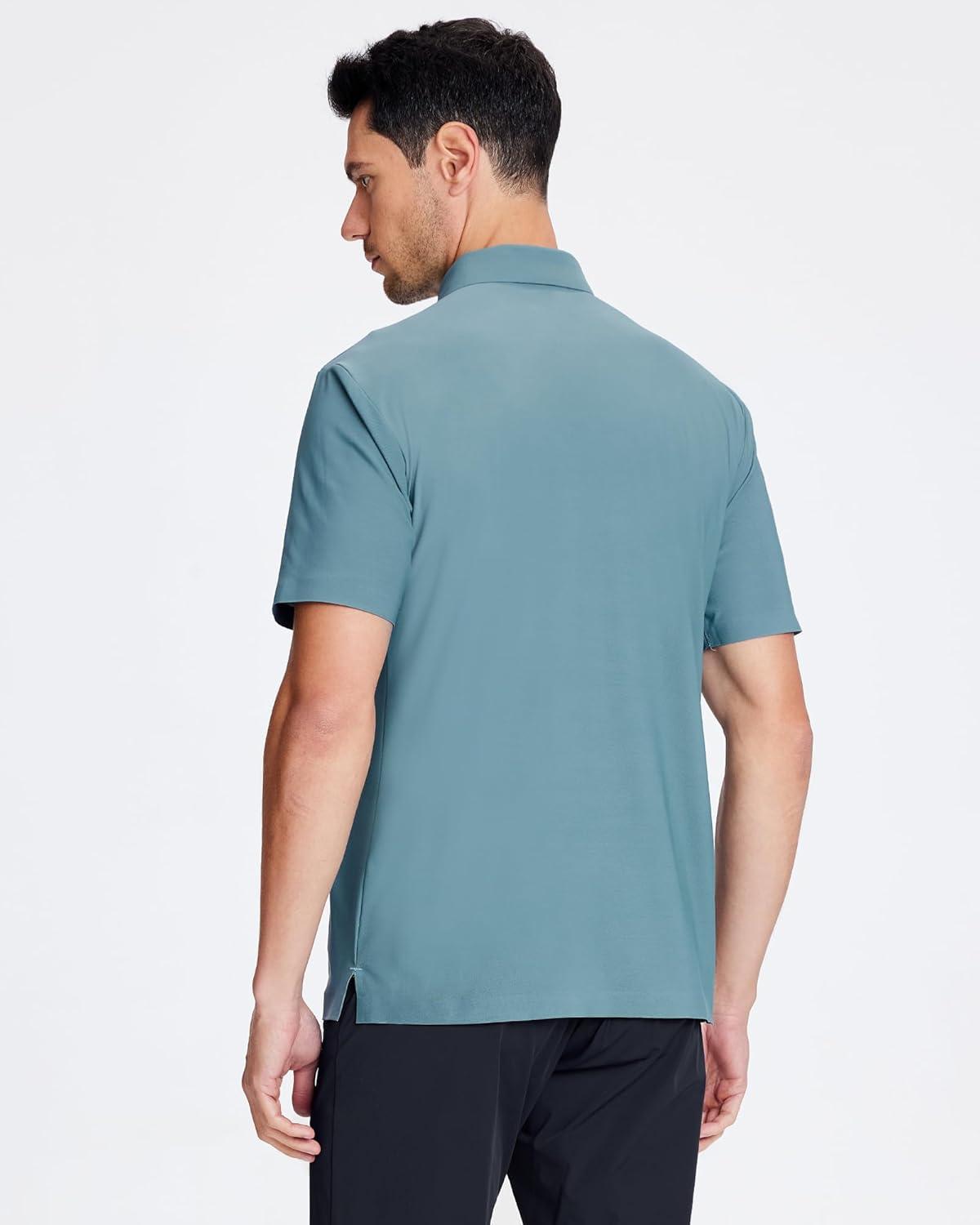 imageSAMERM Golf Shirts for Men Super Stretch Jacquard Dry Fit Golf Polo Moisture Wicking Short Sleeve Polo Shirts for MenTeal Seamless Polo