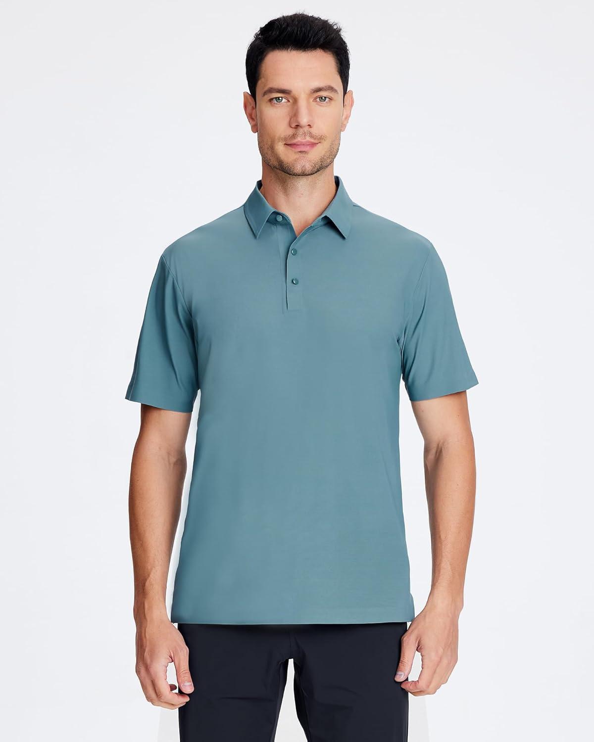 imageSAMERM Golf Shirts for Men Super Stretch Jacquard Dry Fit Golf Polo Moisture Wicking Short Sleeve Polo Shirts for MenTeal Seamless Polo