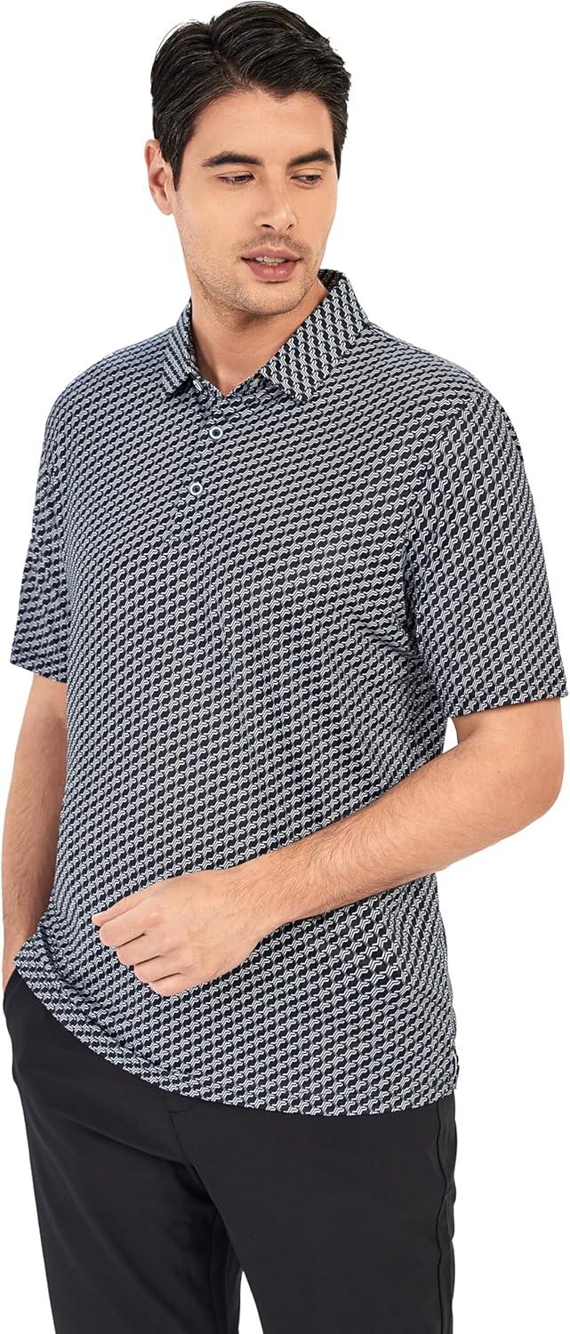 imageSAMERM Golf Shirts for Men Super Stretch Jacquard Dry Fit Golf Polo Moisture Wicking Short Sleeve Polo Shirts for MenWave Black Golf Shirt