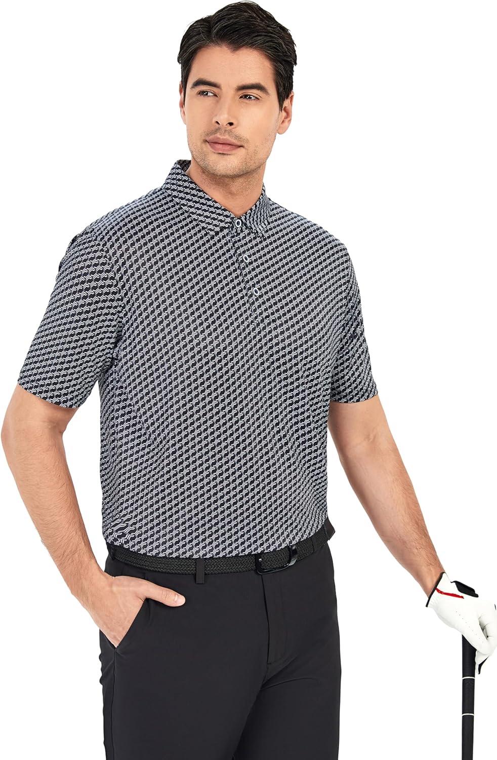 imageSAMERM Golf Shirts for Men Super Stretch Jacquard Dry Fit Golf Polo Moisture Wicking Short Sleeve Polo Shirts for MenWave Black Golf Shirt
