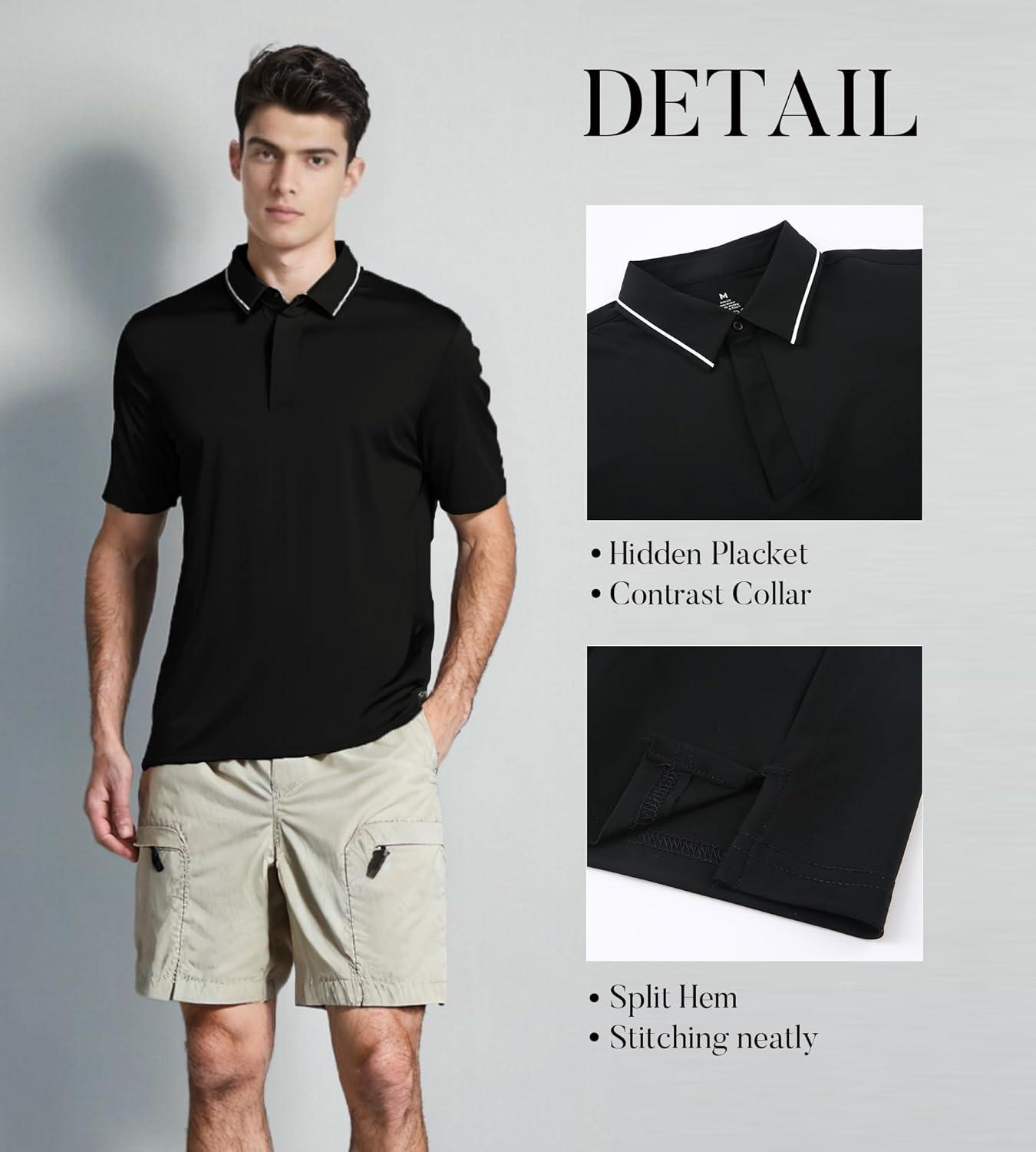 imageSAMERM Golf Shirts for Men Super Stretch Jacquard Dry Fit Golf Polo Moisture Wicking Short Sleeve Polo Shirts for MenZ Black