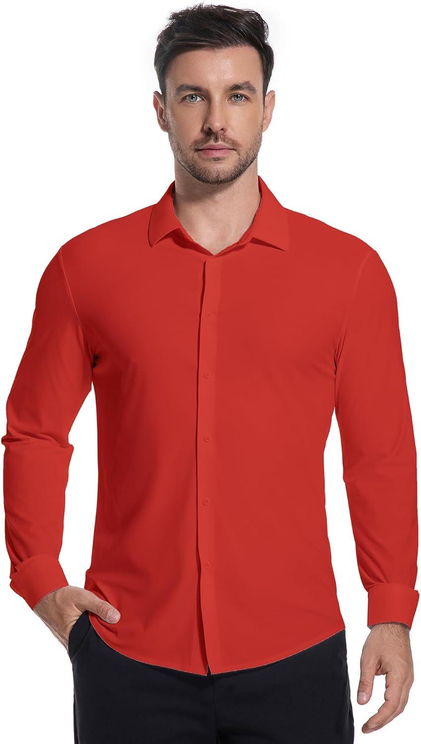 imageSAMERM Mens Dress Shirt Wrinkle Free Moisture Wicking 4Way High Stretch Super Soft Casual Button Down ShirtsSeamless Red