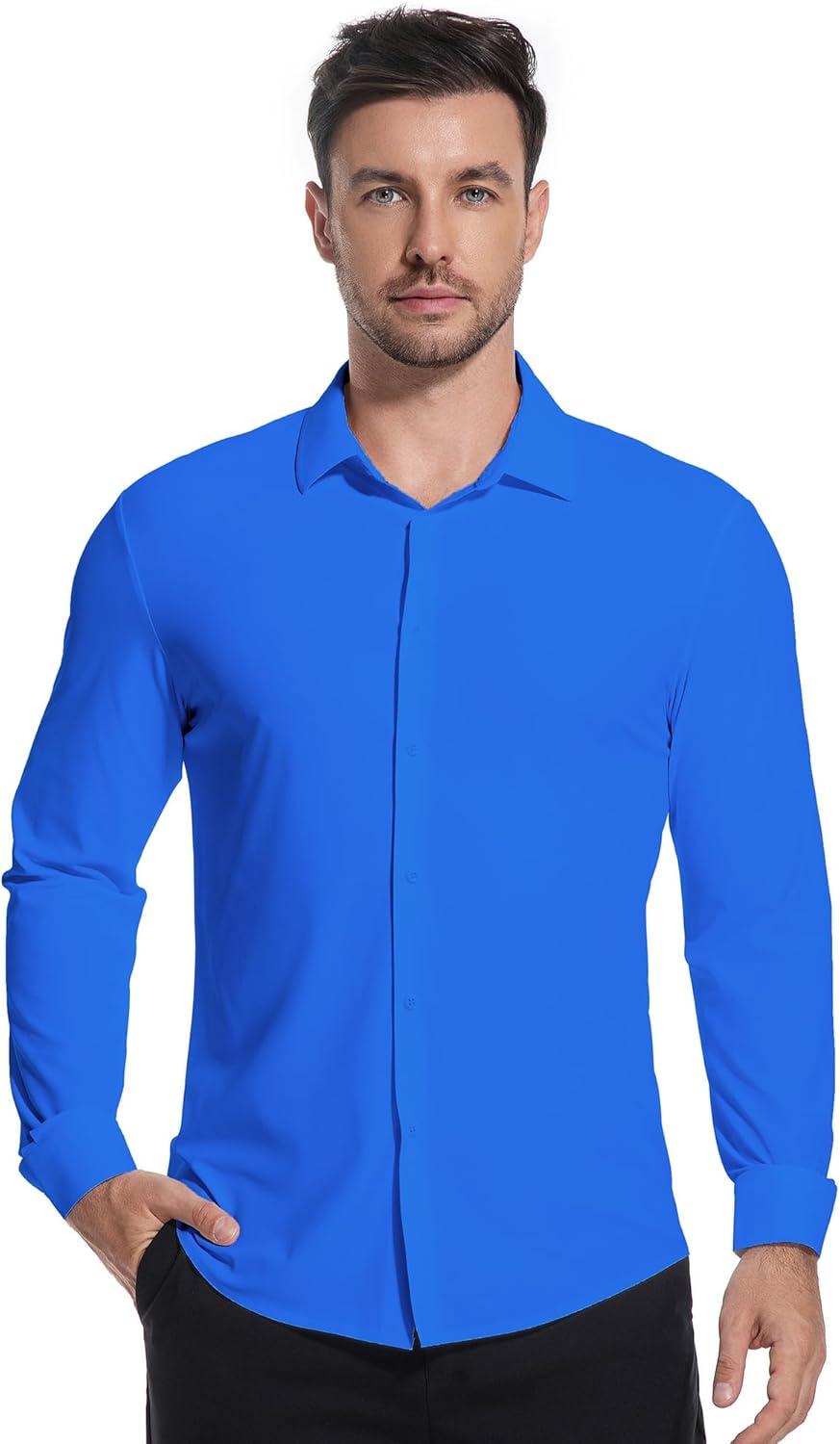imageSAMERM Mens Dress Shirt Wrinkle Free Moisture Wicking 4Way High Stretch Super Soft Casual Button Down ShirtsSeamless Royal Blue