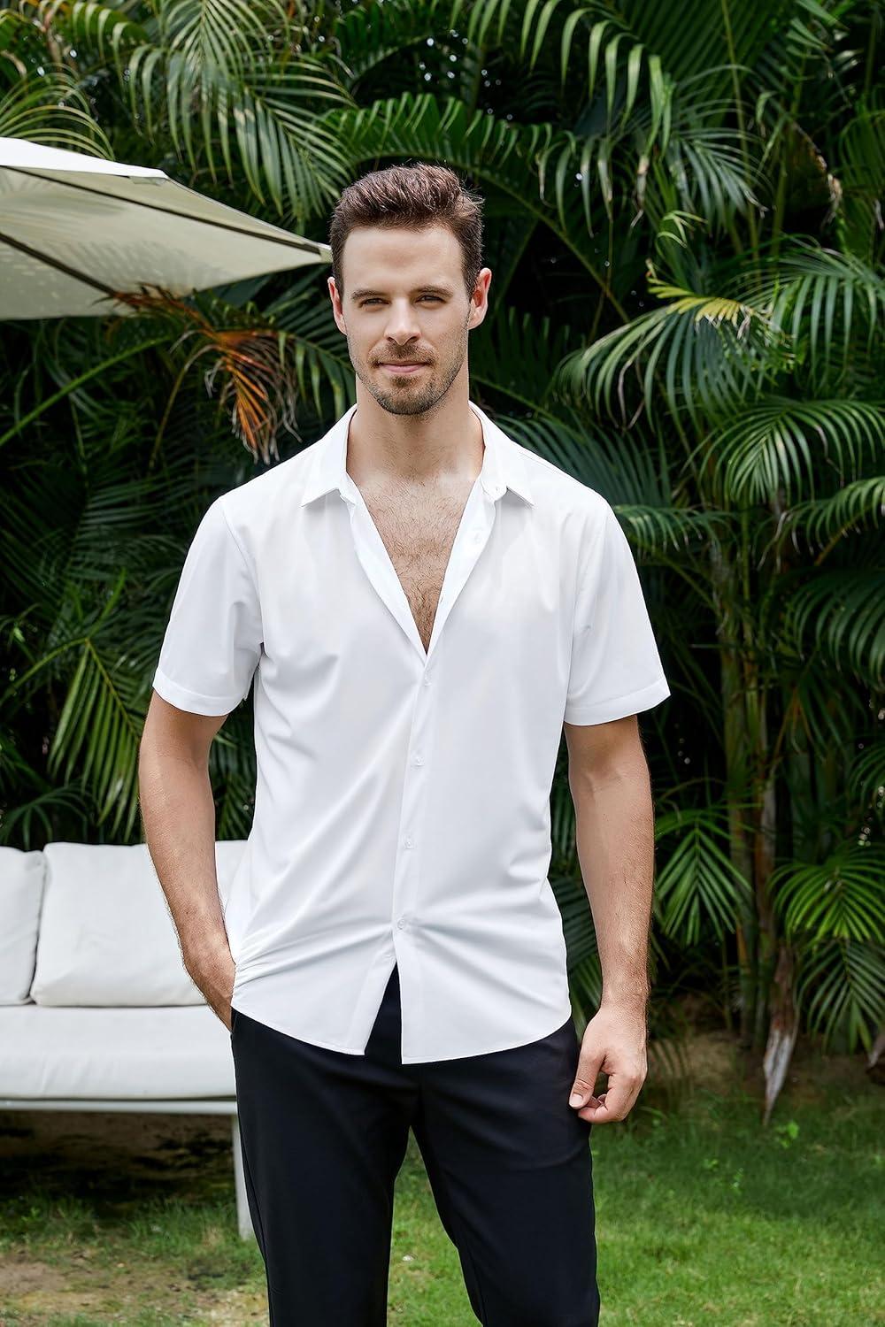 imageSAMERM Mens Dress Shirt Wrinkle Free Moisture Wicking 4Way High Stretch Super Soft Casual Button Down ShirtsWhite Short Sleeve Shirt