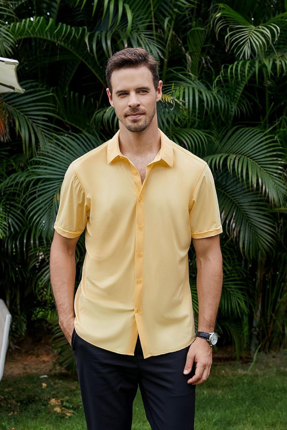 imageSAMERM Mens Dress Shirt Wrinkle Free Moisture Wicking 4Way High Stretch Super Soft Casual Button Down ShirtsYellow Short Sleeve Shirt