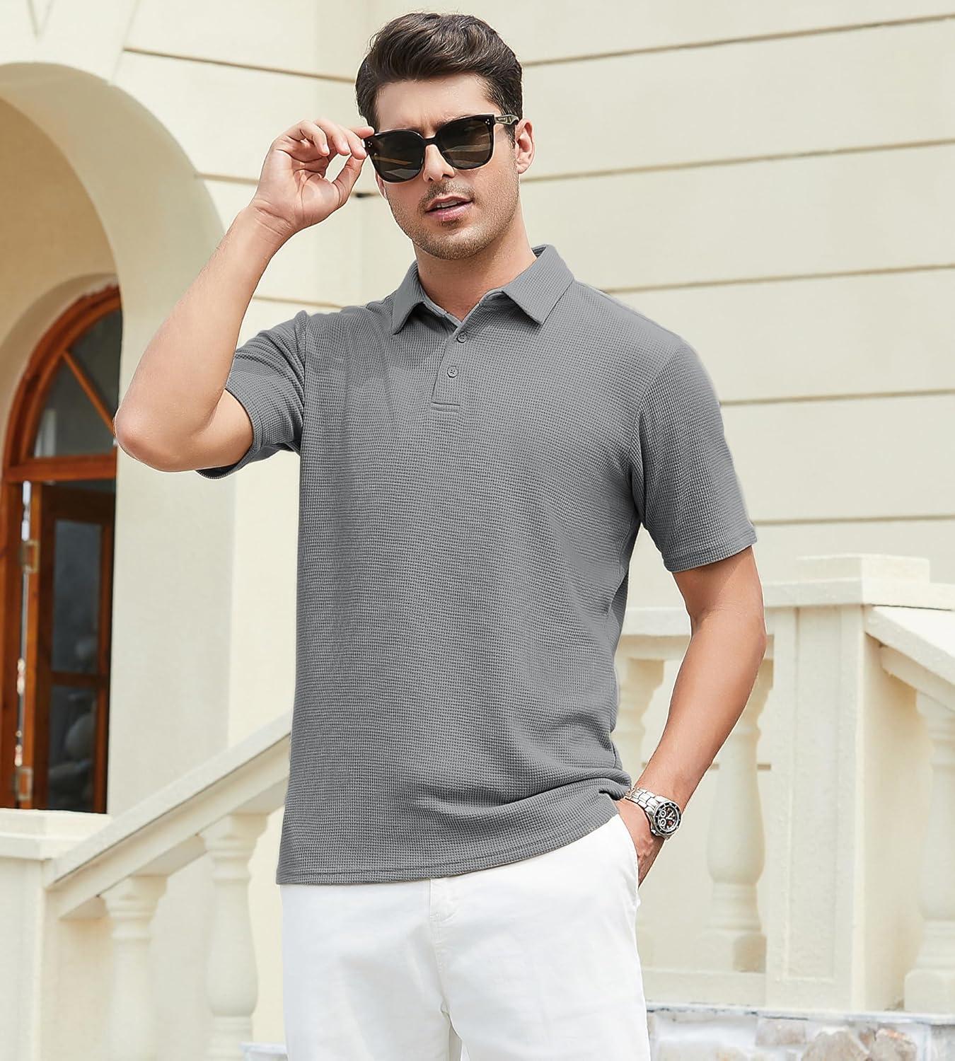 imageSAMERM Mens Knit Polo Shirts Short Sleeve Textured Casual Polo Shirt Fashion Stylish Lightweight Breathable T Shirt for Men126grey Golf Polo