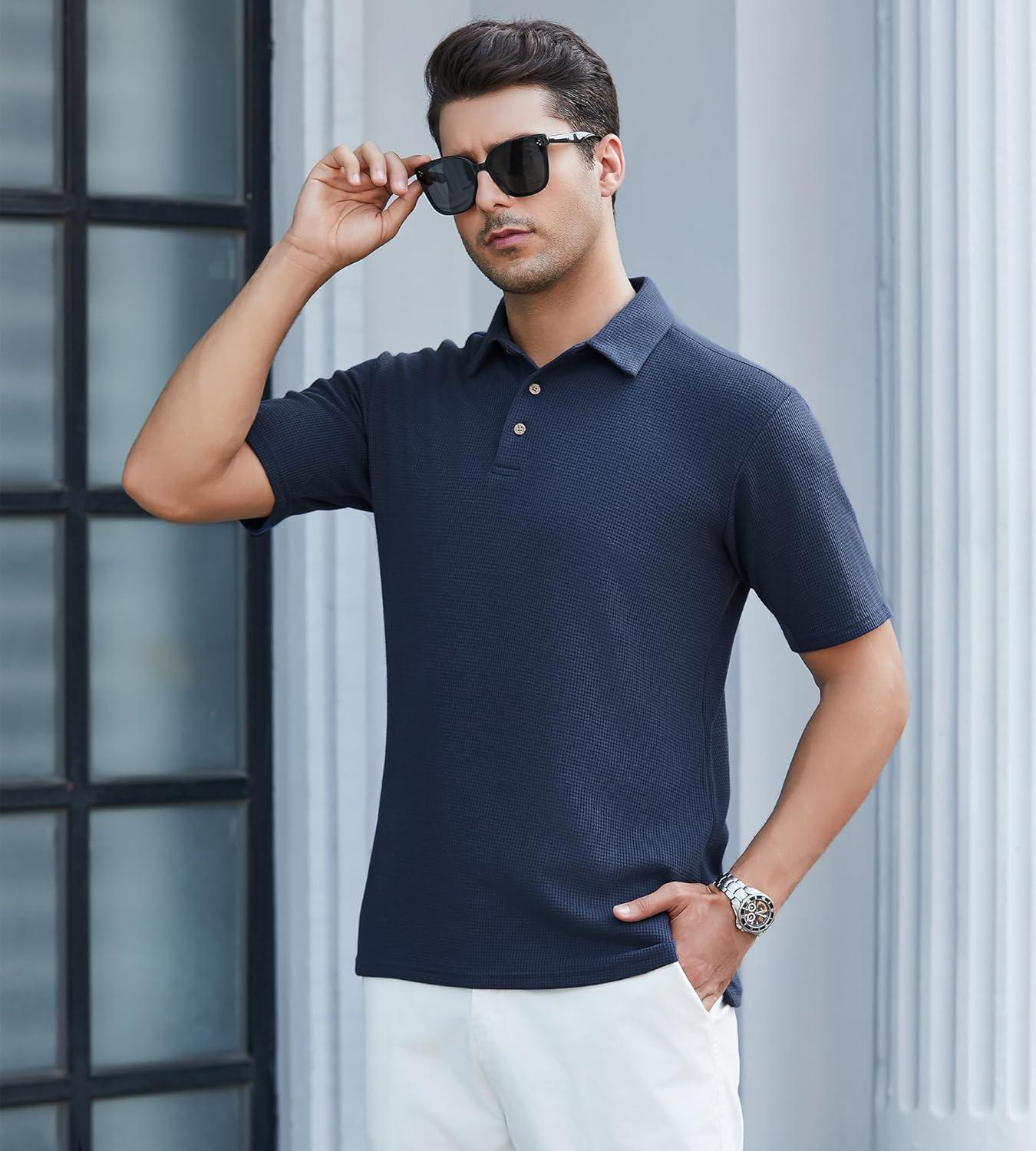 imageSAMERM Mens Knit Polo Shirts Short Sleeve Textured Casual Polo Shirt Fashion Stylish Lightweight Breathable T Shirt for Men126navy Golf Polo