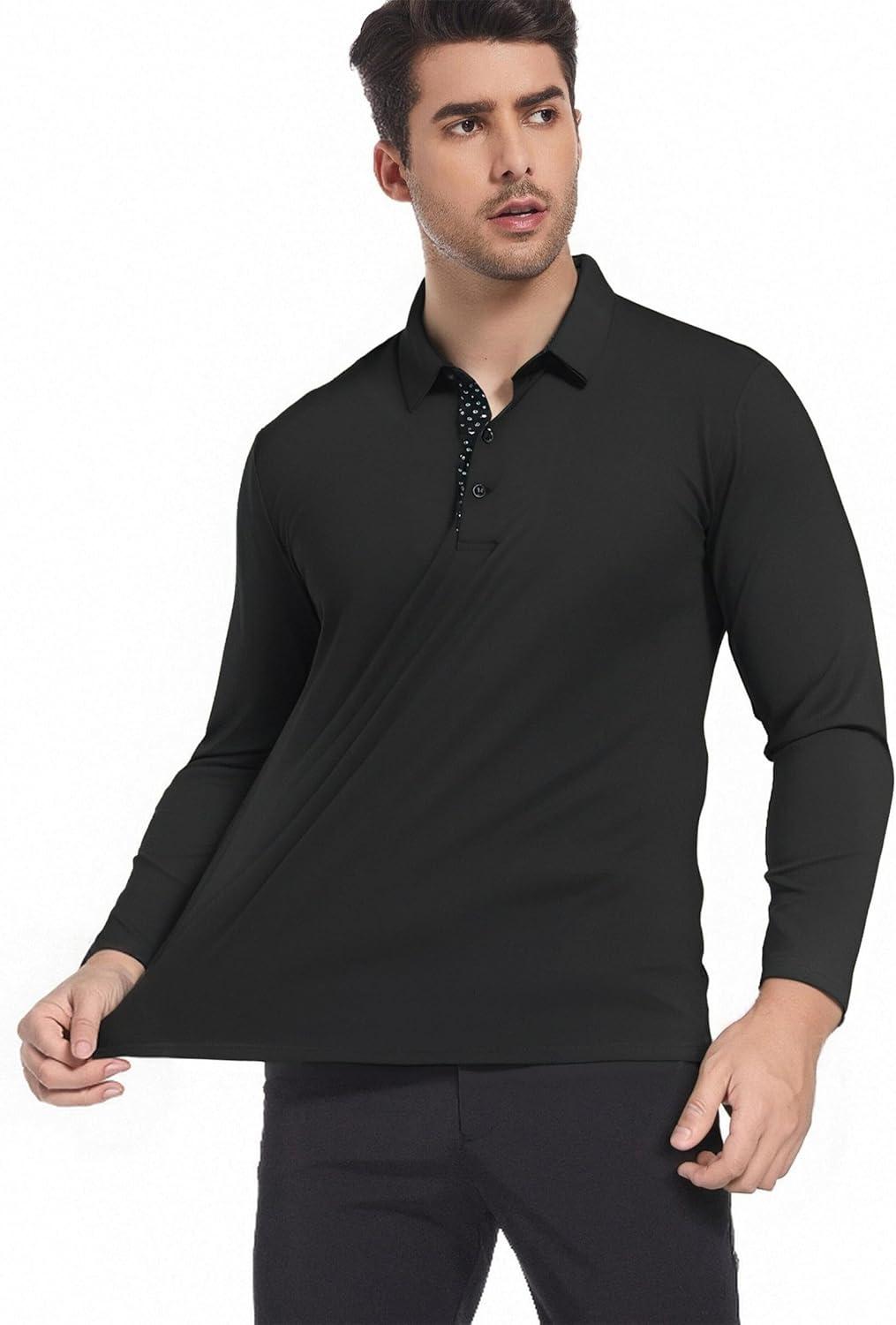 imageSAMERM Mens Long Sleeve Golf Shirts Casual Polo Shirts for Men Performance Collar Shirts Workwear OfficeMens Polo Black