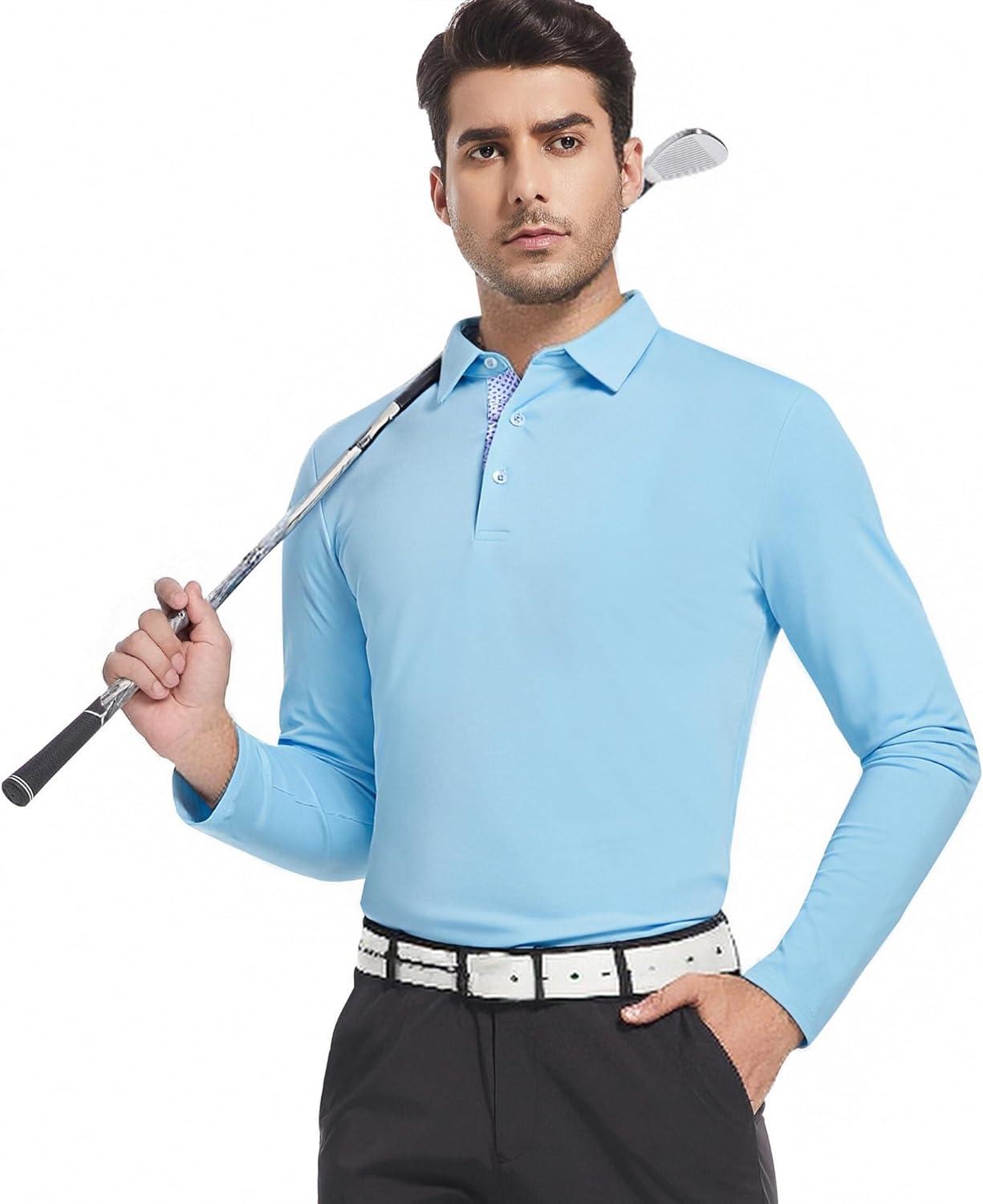imageSAMERM Mens Long Sleeve Golf Shirts Casual Polo Shirts for Men Performance Collar Shirts Workwear OfficeMens Polo Blue