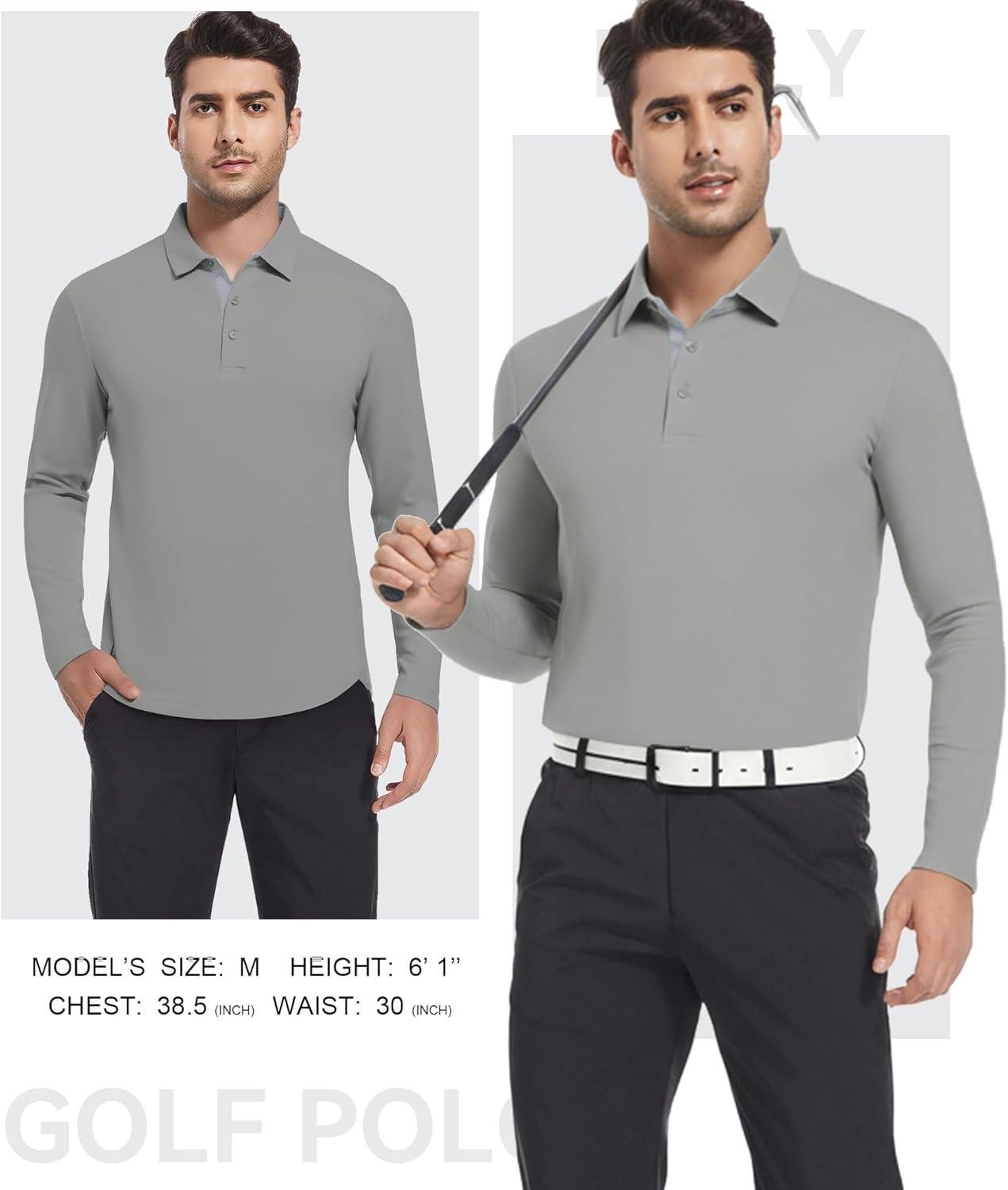 imageSAMERM Mens Long Sleeve Golf Shirts Casual Polo Shirts for Men Performance Collar Shirts Workwear OfficeMens Polo Grey