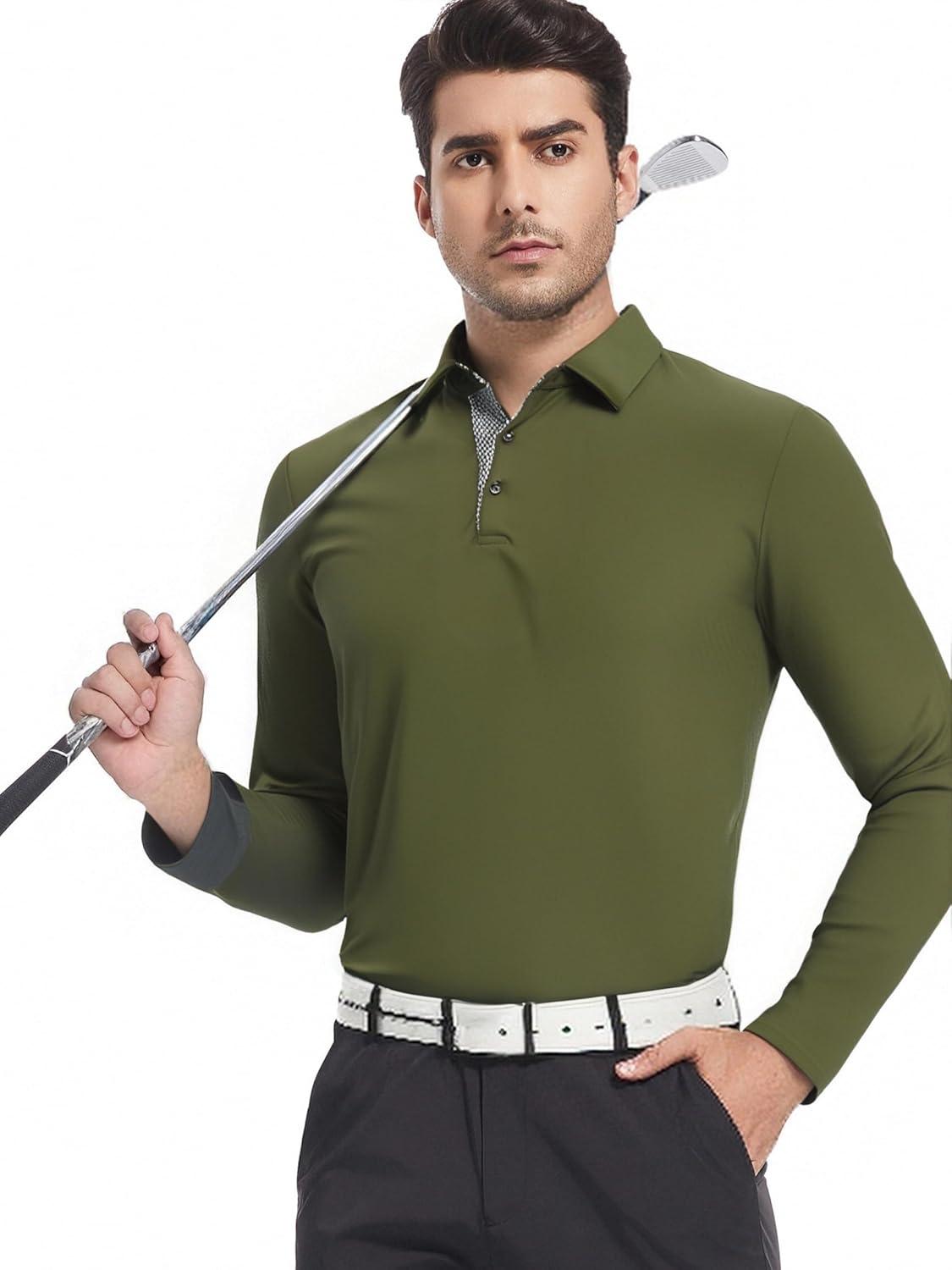 imageSAMERM Mens Long Sleeve Golf Shirts Casual Polo Shirts for Men Performance Collar Shirts Workwear OfficeMens Polo Olive Green