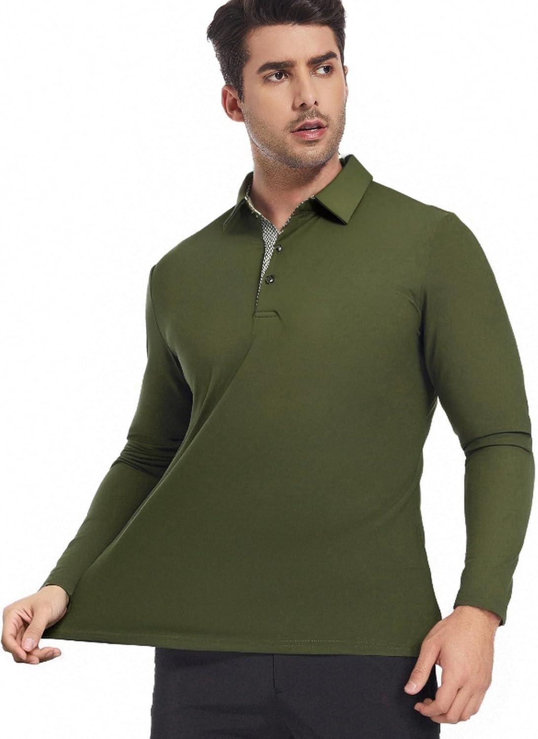 imageSAMERM Mens Long Sleeve Golf Shirts Casual Polo Shirts for Men Performance Collar Shirts Workwear OfficeMens Polo Olive Green