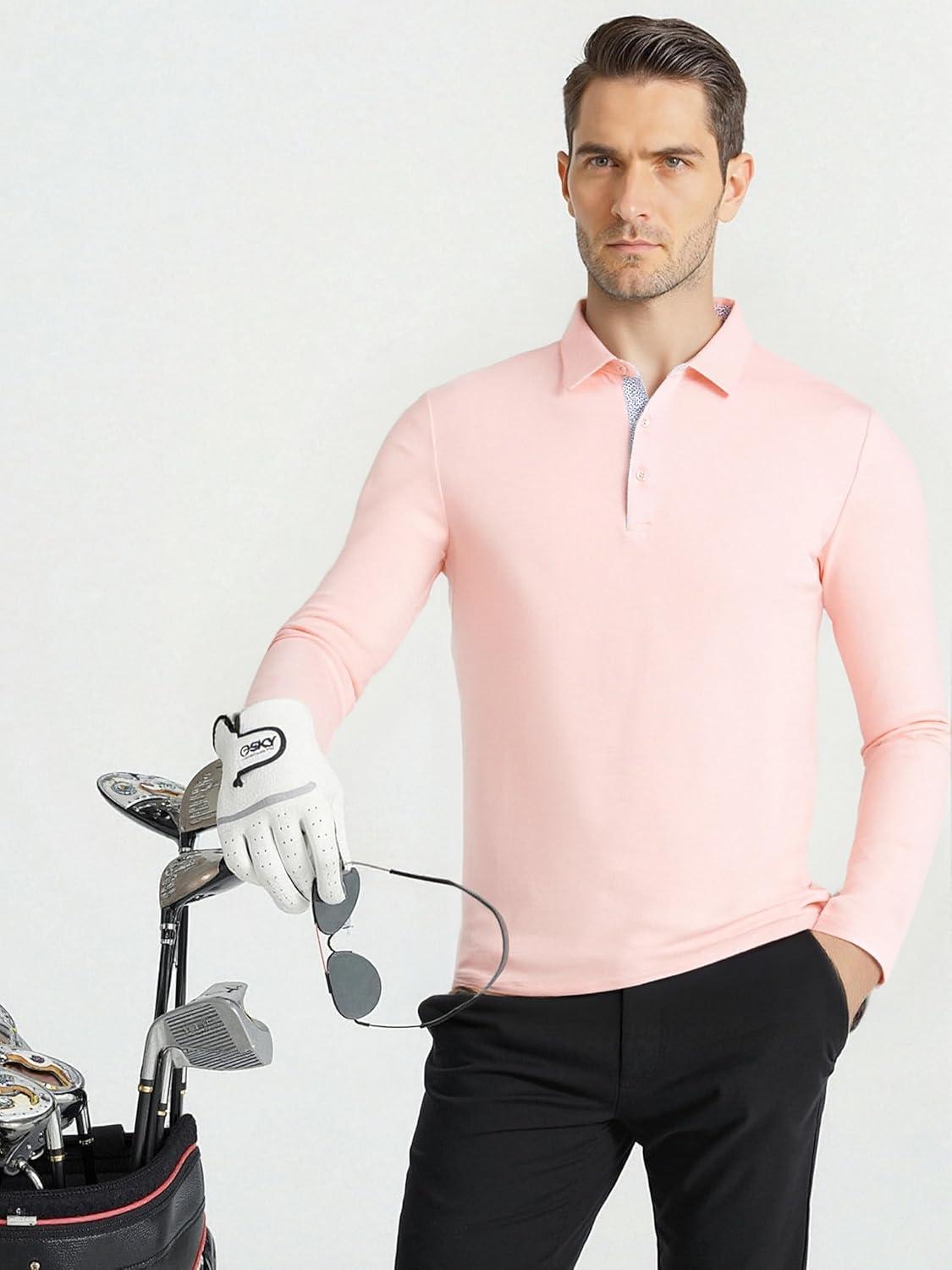 imageSAMERM Mens Long Sleeve Golf Shirts Casual Polo Shirts for Men Performance Collar Shirts Workwear OfficeMens Polo Pink