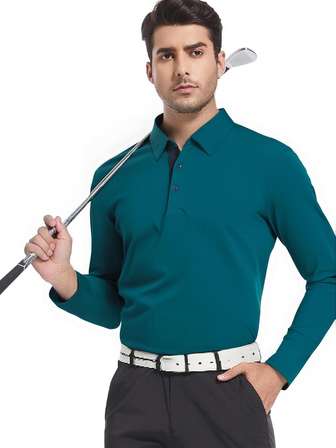 imageSAMERM Mens Long Sleeve Golf Shirts Casual Polo Shirts for Men Performance Collar Shirts Workwear OfficeMens Polo Teal