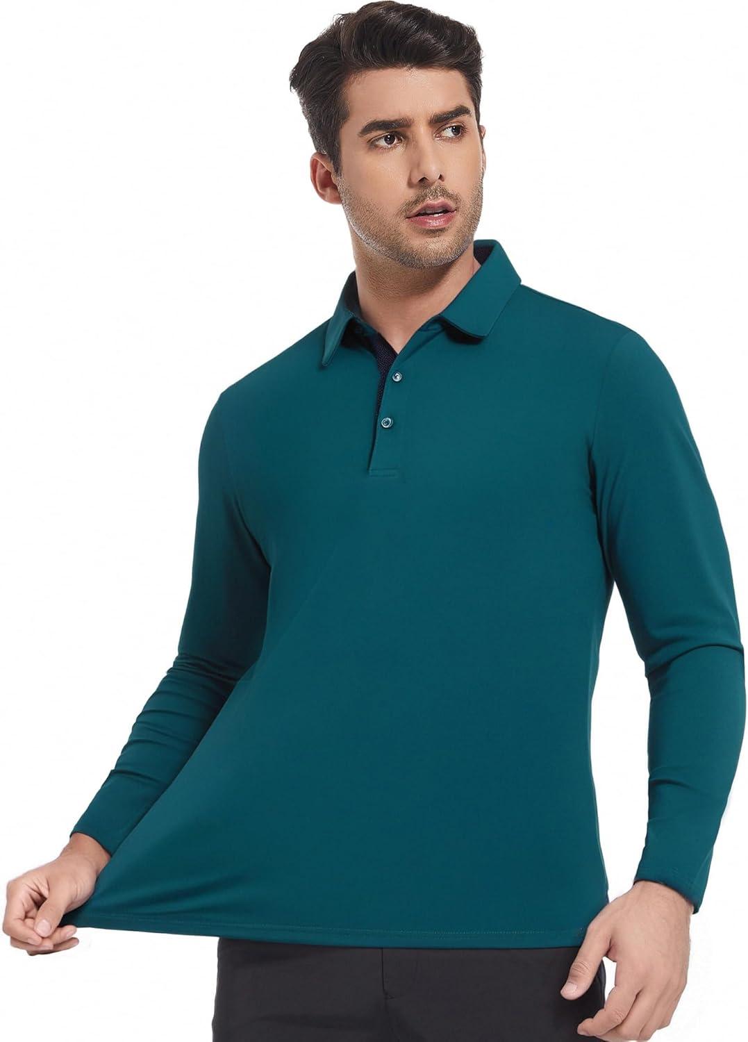 imageSAMERM Mens Long Sleeve Golf Shirts Casual Polo Shirts for Men Performance Collar Shirts Workwear OfficeMens Polo Teal