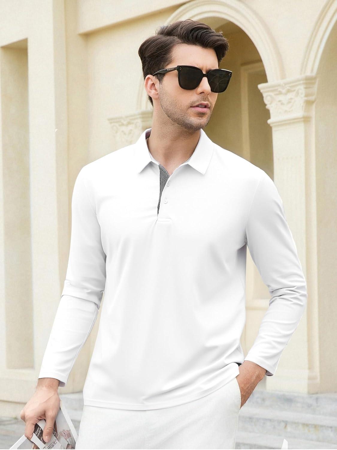 imageSAMERM Mens Long Sleeve Golf Shirts Casual Polo Shirts for Men Performance Collar Shirts Workwear OfficeMens Polo White