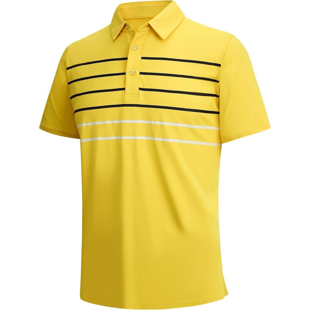 imageSAMERM Golf Shirts for Men Dry Fit Short Sleeve Mens Golf Shirt Striped Performance Moisture Wicking Polo Shirts for MenYellow L