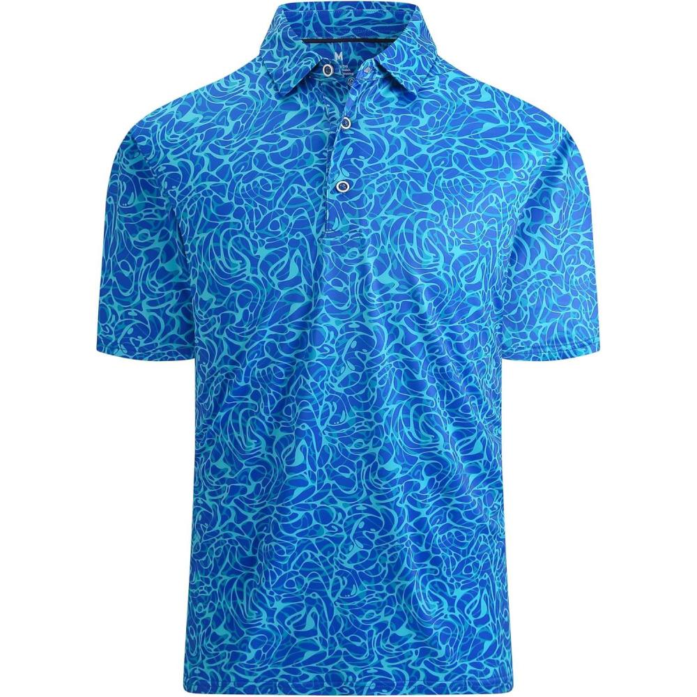 imageSAMERM Golf Shirts for Men Super Stretch Jacquard Dry Fit Golf Polo Moisture Wicking Short Sleeve Polo Shirts for MenBlue