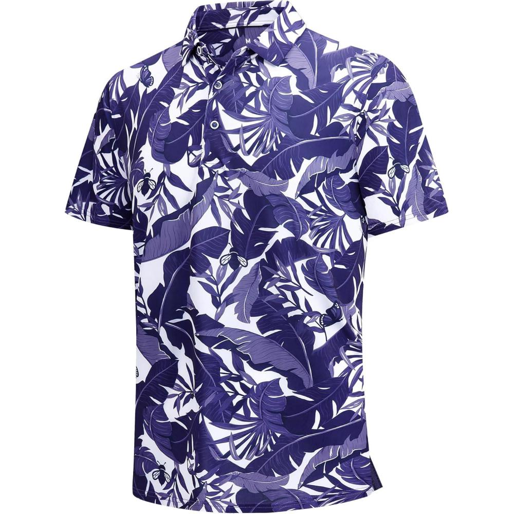 imageSAMERM Golf Shirts for Men Super Stretch Jacquard Dry Fit Golf Polo Moisture Wicking Short Sleeve Polo Shirts for MenNavy Leaf Polo
