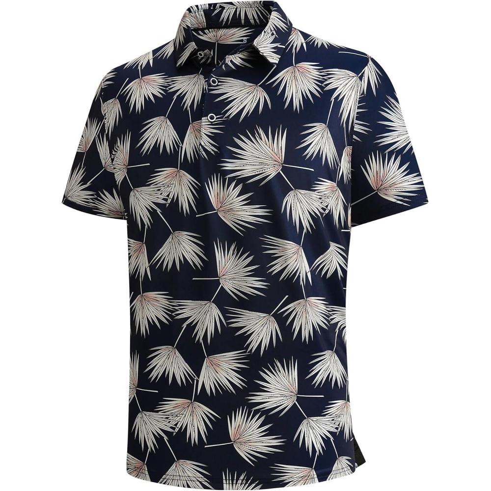 imageSAMERM Golf Shirts for Men Super Stretch Jacquard Dry Fit Golf Polo Moisture Wicking Short Sleeve Polo Shirts for MenNavy Palm Leaf Shirt