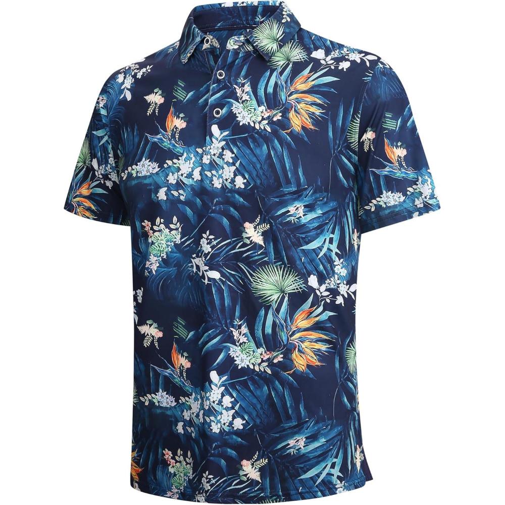 imageSAMERM Golf Shirts for Men Super Stretch Jacquard Dry Fit Golf Polo Moisture Wicking Short Sleeve Polo Shirts for MenNavy Palm Polo