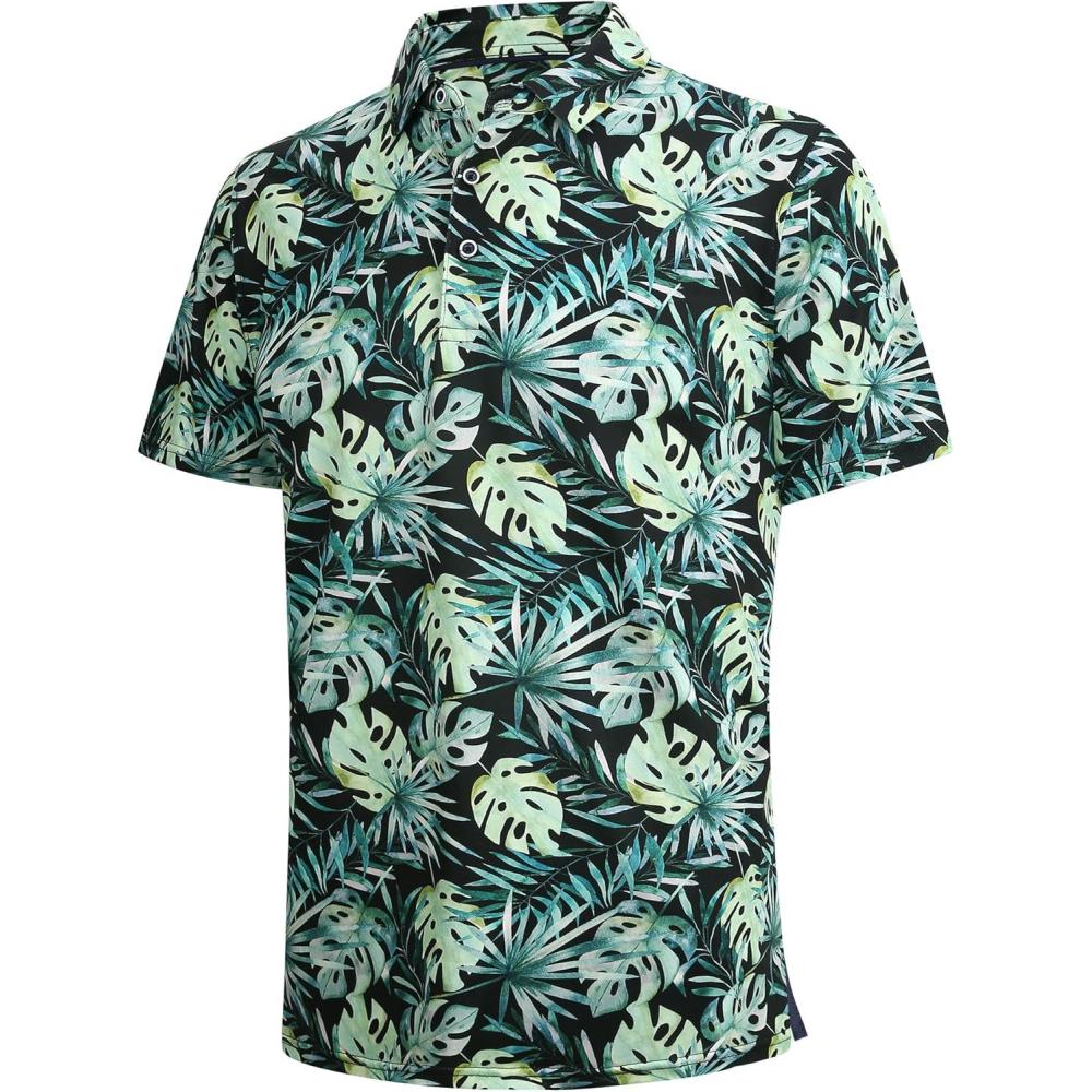 imageSAMERM Golf Shirts for Men Super Stretch Jacquard Dry Fit Golf Polo Moisture Wicking Short Sleeve Polo Shirts for MenPalm Black Polo