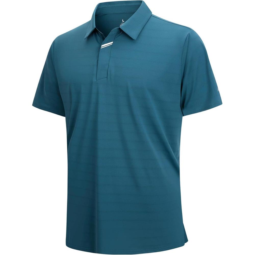 imageSAMERM Golf Shirts for Men Super Stretch Jacquard Dry Fit Golf Polo Moisture Wicking Short Sleeve Polo Shirts for MenTeal Jacquard Golf Polo