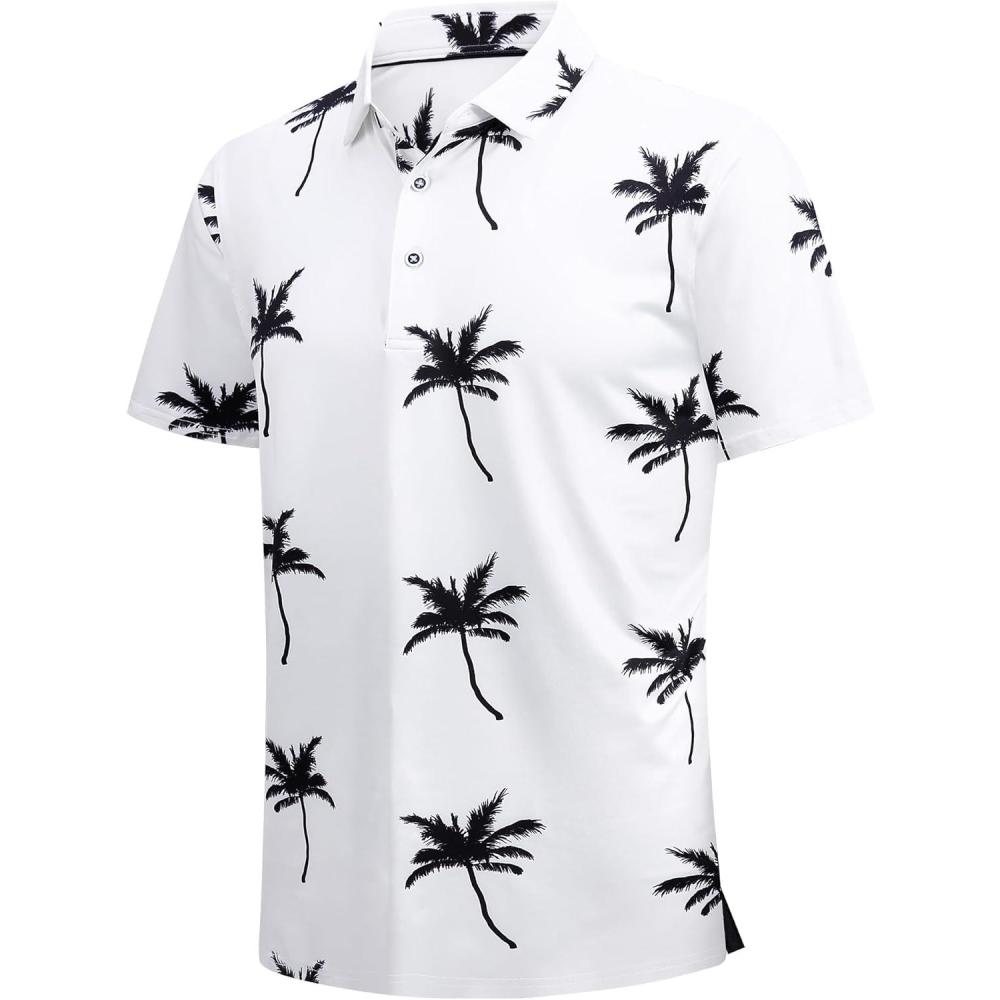 imageSAMERM Golf Shirts for Men Super Stretch Jacquard Dry Fit Golf Polo Moisture Wicking Short Sleeve Polo Shirts for MenWhite Coconuttree Polo