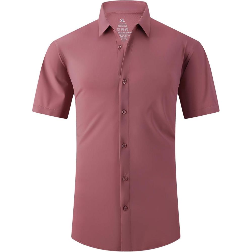 imageSAMERM Mens Dress Shirt Wrinkle Free Moisture Wicking 4Way High Stretch Super Soft Casual Button Down ShirtsBeanpink Short Sleeve Shirt