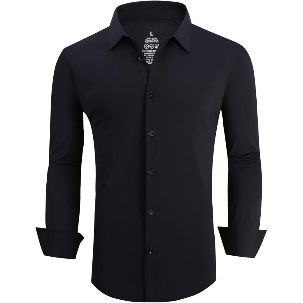 imageSAMERM Mens Dress Shirt Wrinkle Free Moisture Wicking 4Way High Stretch Super Soft Casual Button Down ShirtsBlack Long Sleeve Shirt