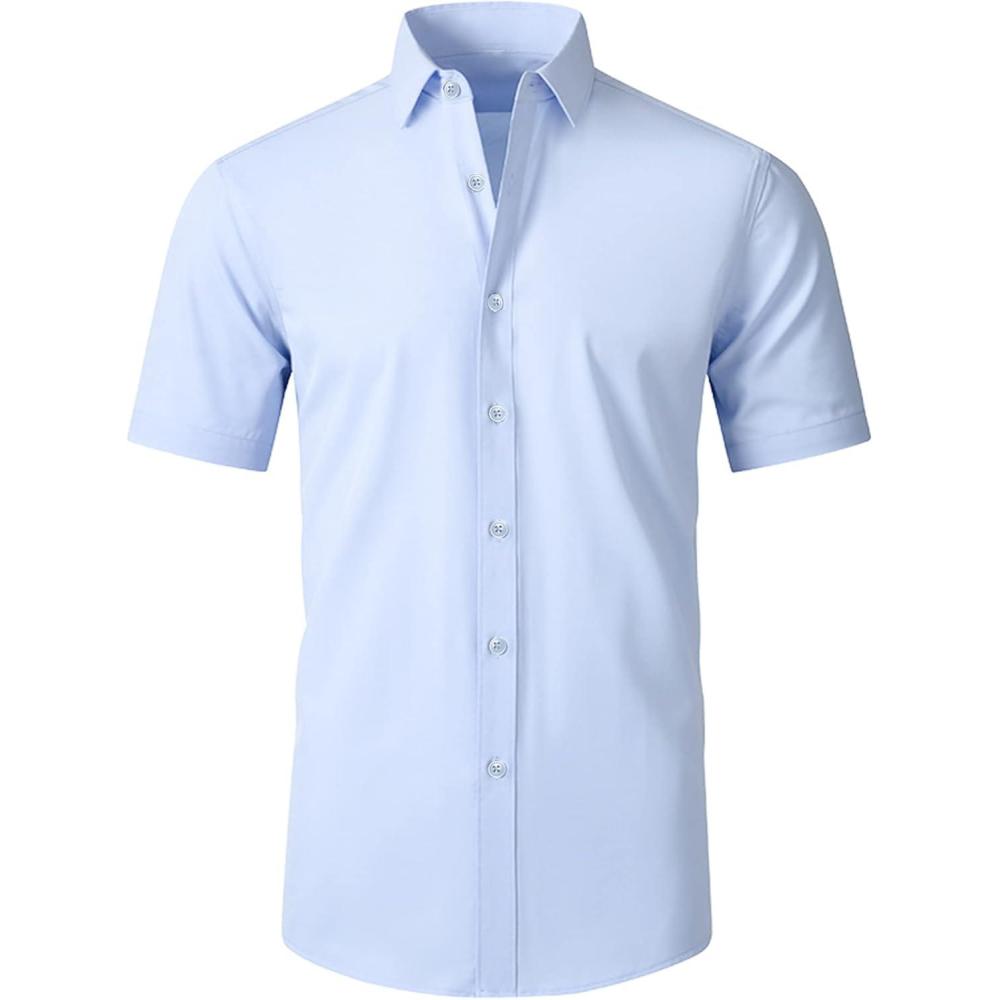 imageSAMERM Mens Dress Shirt Wrinkle Free Moisture Wicking 4Way High Stretch Super Soft Casual Button Down ShirtsBlue Short Sleeve Shirt