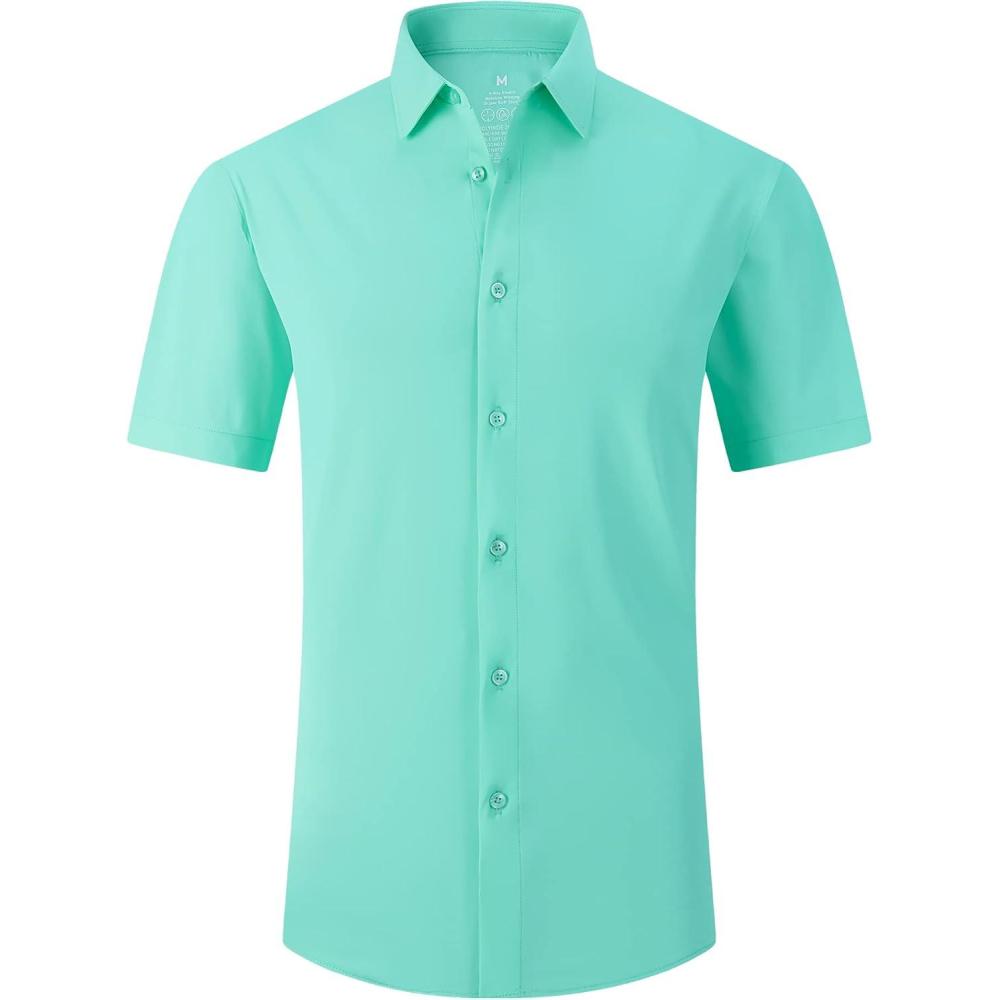 imageSAMERM Mens Dress Shirt Wrinkle Free Moisture Wicking 4Way High Stretch Super Soft Casual Button Down ShirtsLightgreen Short Sleeve Shirt