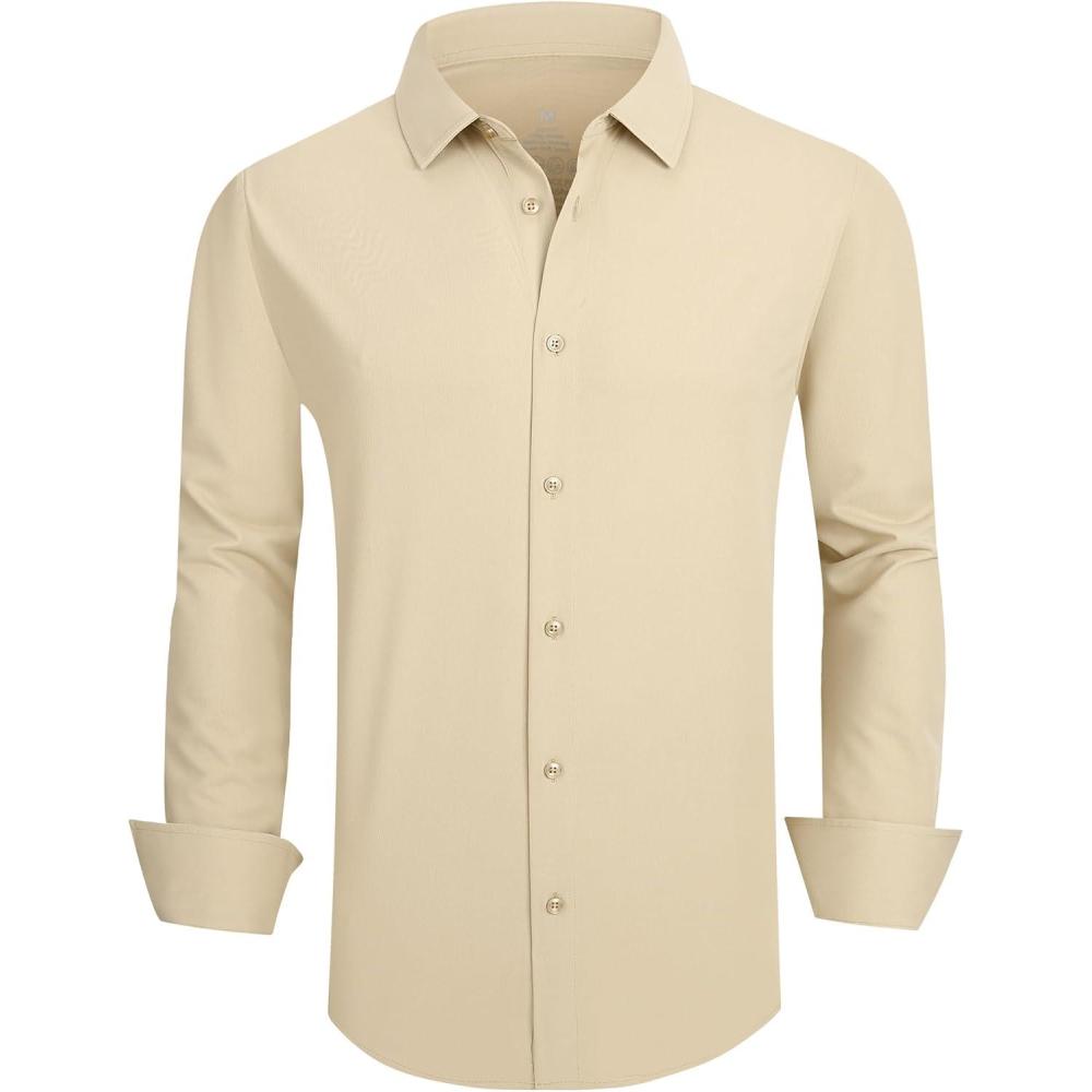 imageSAMERM Mens Dress Shirt Wrinkle Free Moisture Wicking 4Way High Stretch Super Soft Casual Button Down ShirtsMens Shirt Khaki