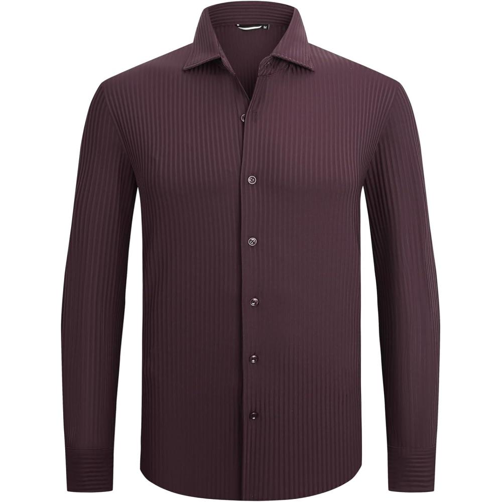imageSAMERM Mens Dress Shirt Wrinkle Free Moisture Wicking 4Way High Stretch Super Soft Casual Button Down ShirtsStripe Burgundy