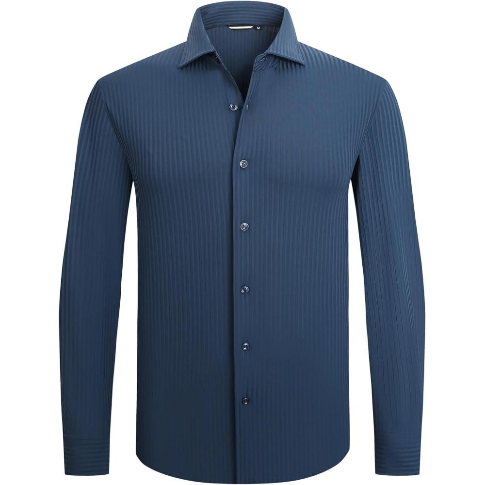 imageSAMERM Mens Dress Shirt Wrinkle Free Moisture Wicking 4Way High Stretch Super Soft Casual Button Down ShirtsStripe Navy Blue