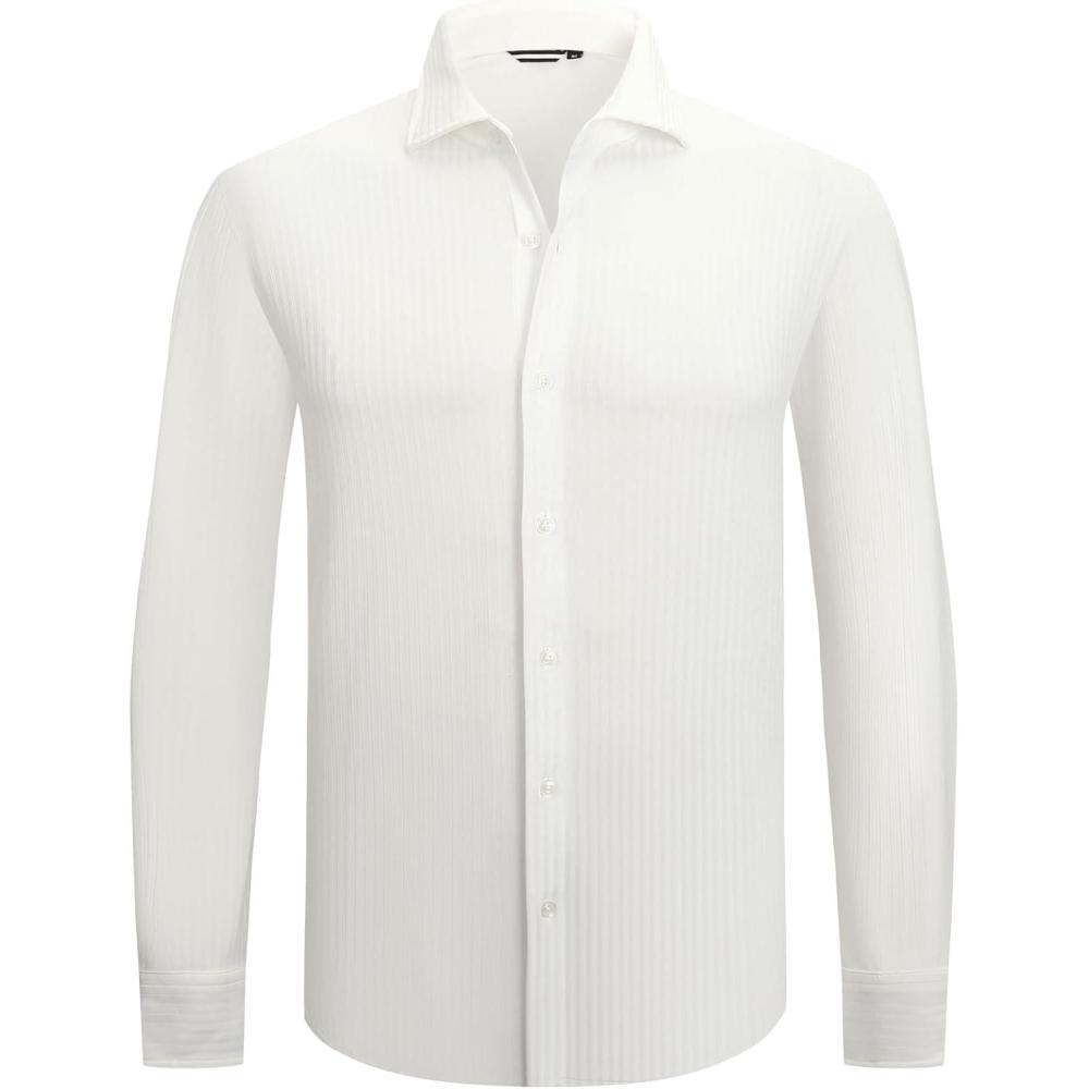 imageSAMERM Mens Dress Shirt Wrinkle Free Moisture Wicking 4Way High Stretch Super Soft Casual Button Down ShirtsStripe White